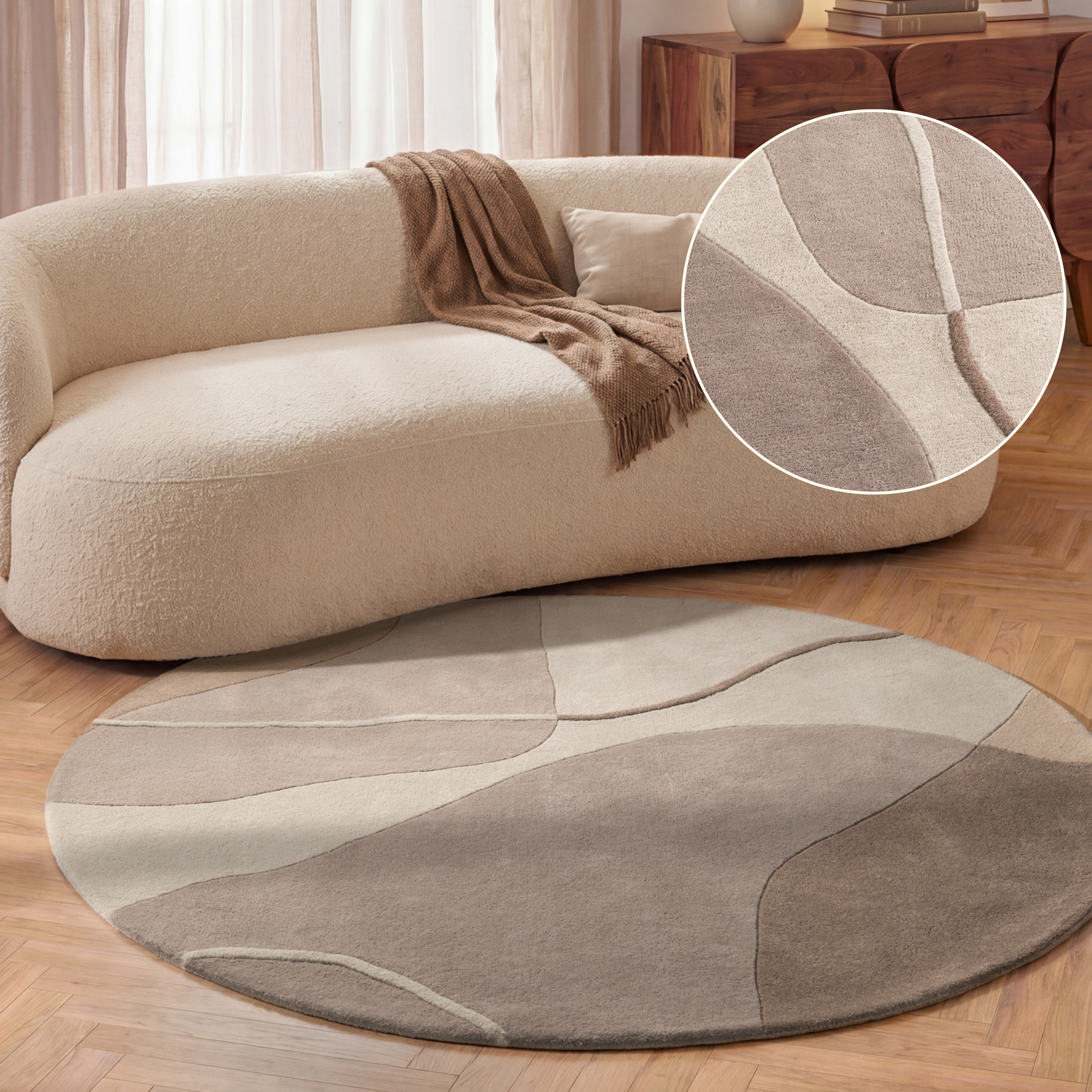 Villeroy & Boch Wollteppich "Virelle" rund 17 mm Höhe Wolle, Natur,Handgemacht, Abstrakt, Kurzflor, Wohnzimmer, Schlafzimmer