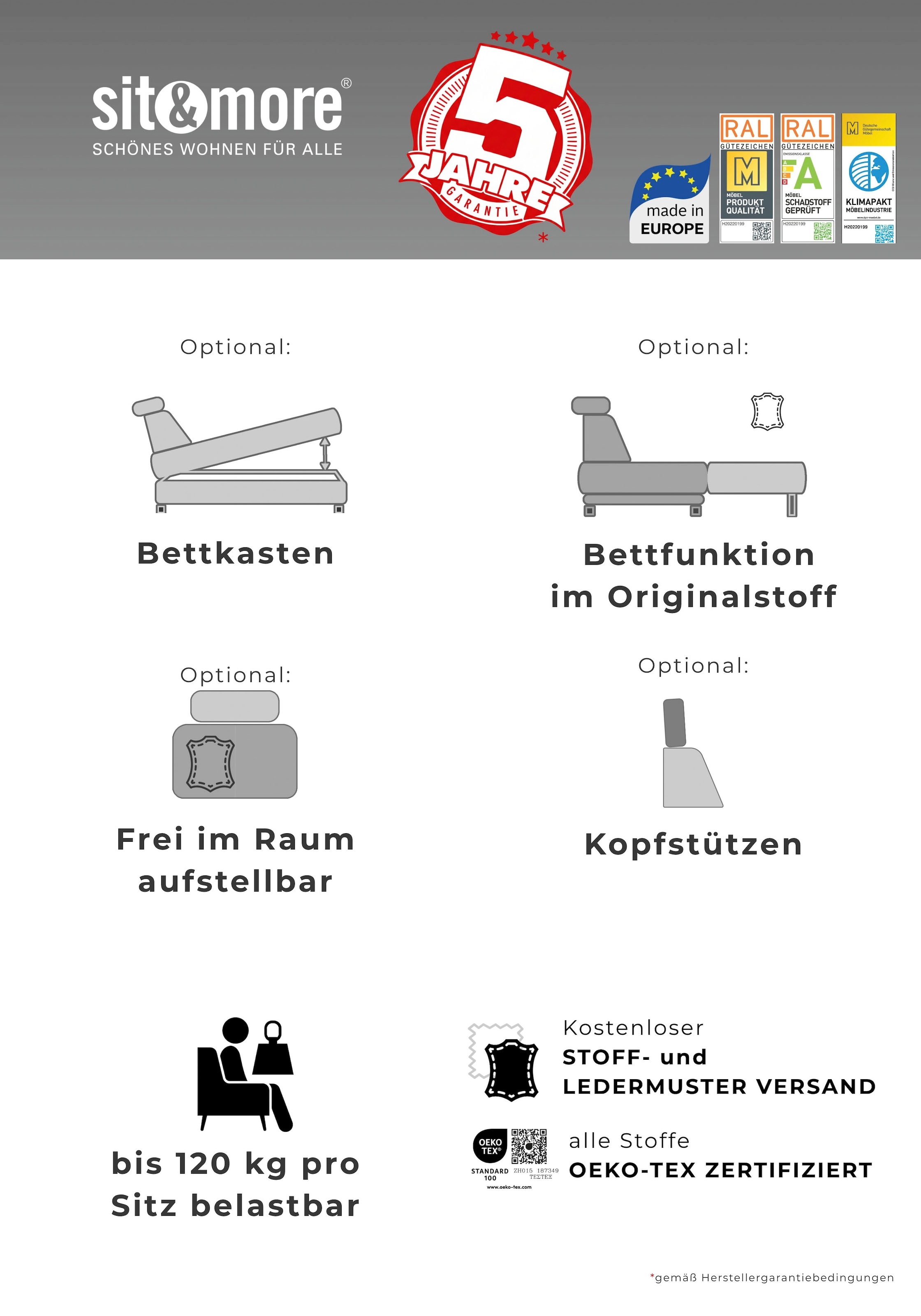 sit&more Ecksofa »Chelsea L-Form, B: 264 cm, Armteil- & Sitztiefenverstellung, Leder« Couch optional mit Schlaffunktion und Bettkasten, Sitzhöhe 45 cm