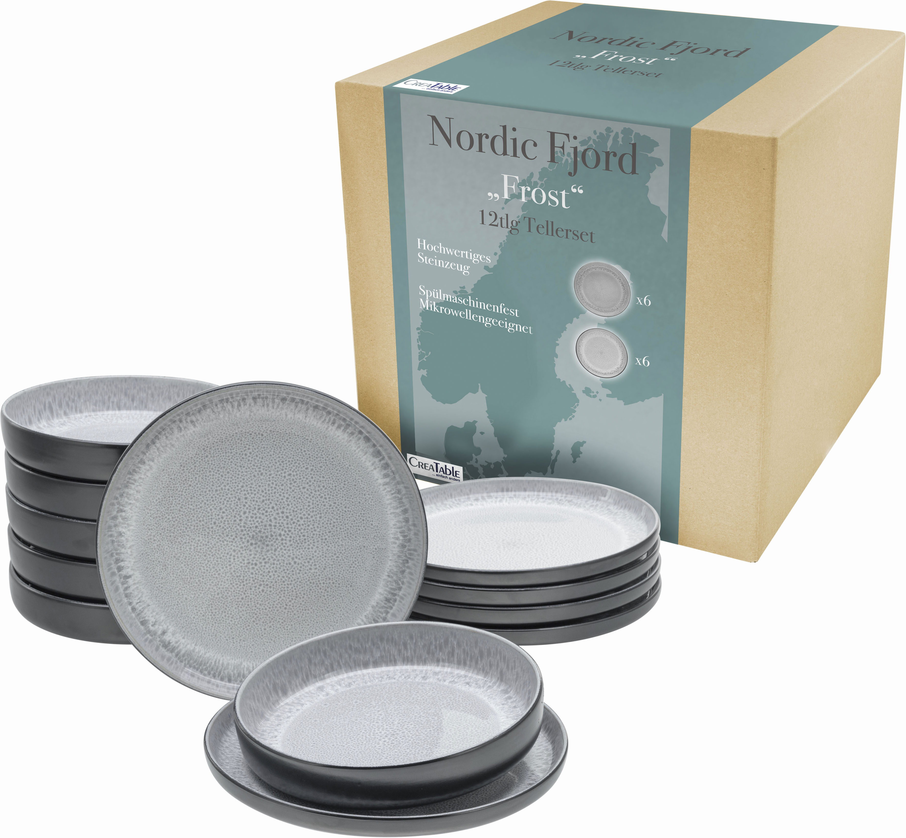 CreaTable Teller-Set "Nordic Fjord" Tafelservice, 6 Speiseteller Ø 26 cm, 6 Suppenteller Ø 22,5 cm