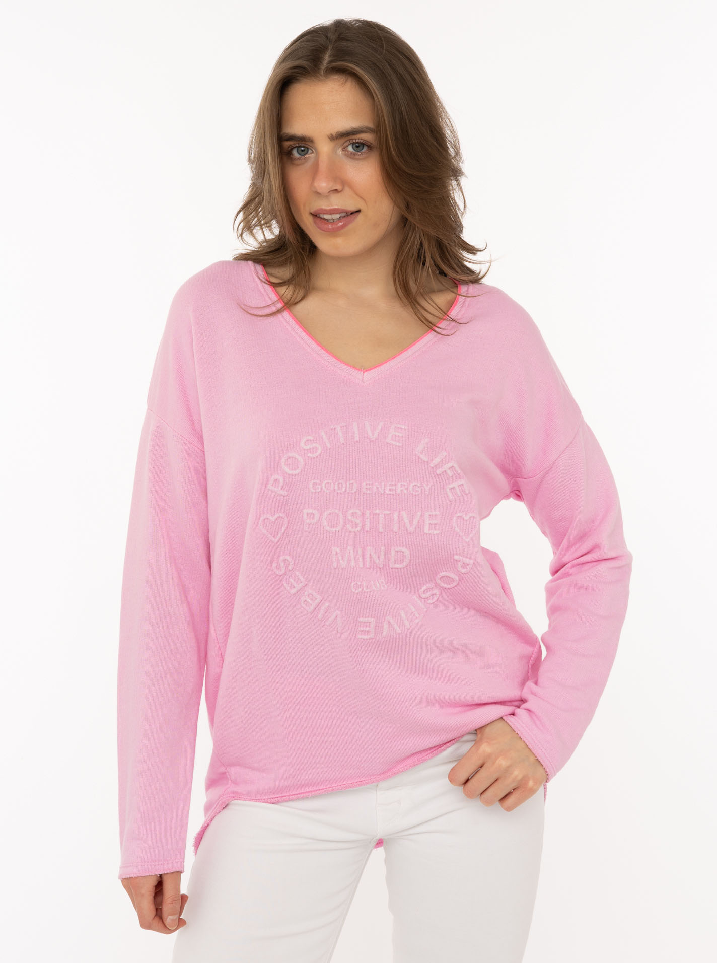 Zwillingsherz "„Positive Mind Neon Kante”", mit Kontrastnaht, V-Neck, washed out Optik, langarm
