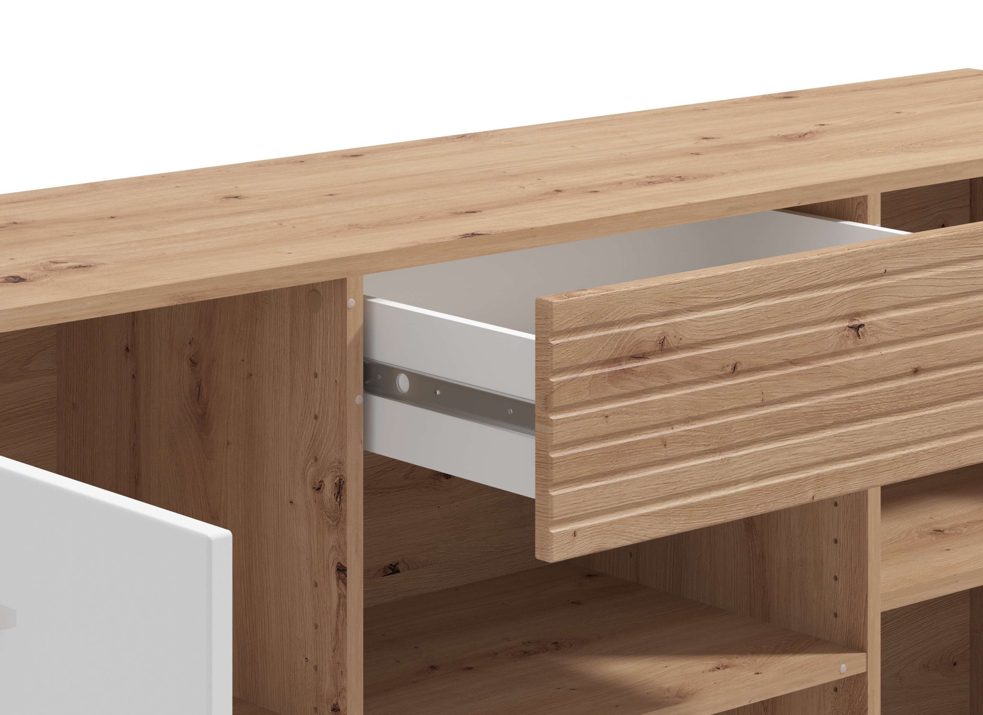 INOSIGN Kommode »Bretagna Sideboard, Schubladenschrank, Breite 173 cm«, viel Stauraum, mit Holzgriffen, mit drei Regalen, in Artisan Eiche