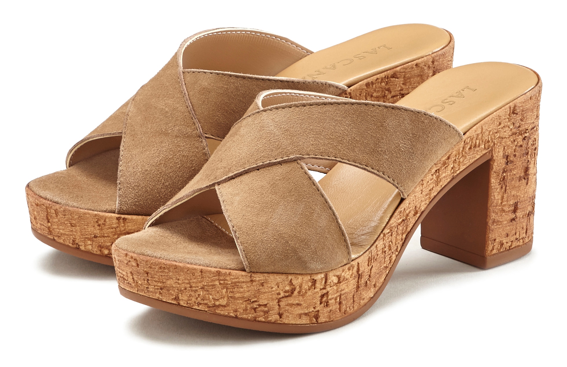LASCANA Pantolette "Sommerschuh, offener Schuh, Sandalette, Mule," aus Leder mit Blockabsatz in Kork-Optik