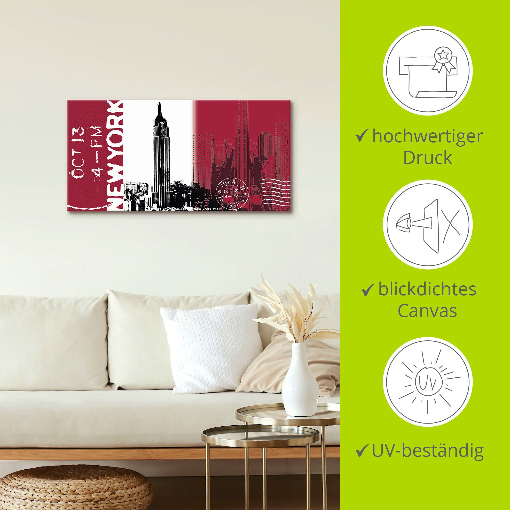 Artland Leinwandbild »New York - bordeaux«, Gebäude, (1 St.), auf Keilrahmen gespannt