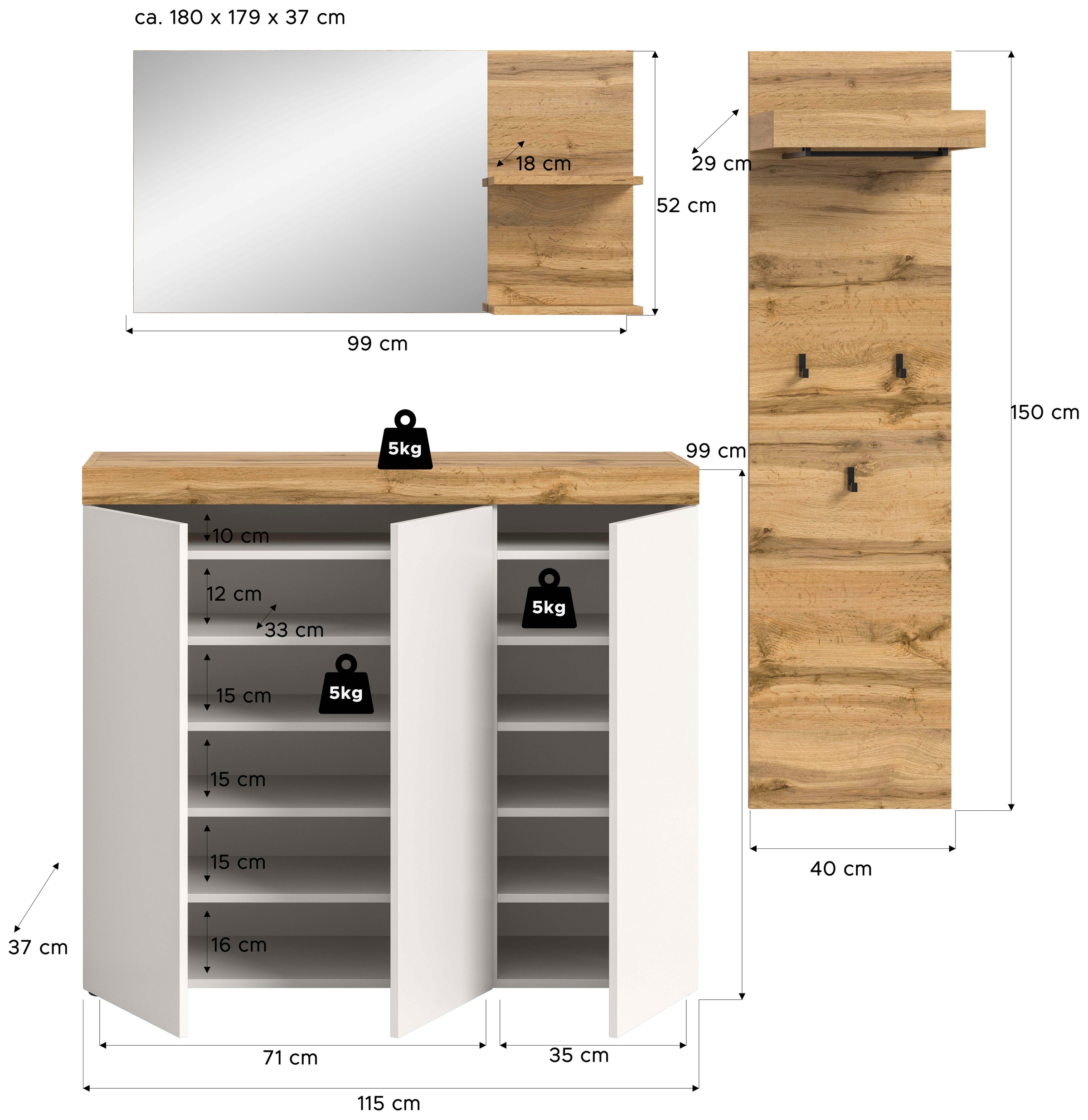 OTTO home Garderoben-Set »MAMBO, TOPSELLER!, 3-teilige Kombination, stehend & hängend montierbar« bestehend aus: Kommode, Spiegel, Garderobenpaneel, 3 Stk. tlg.
