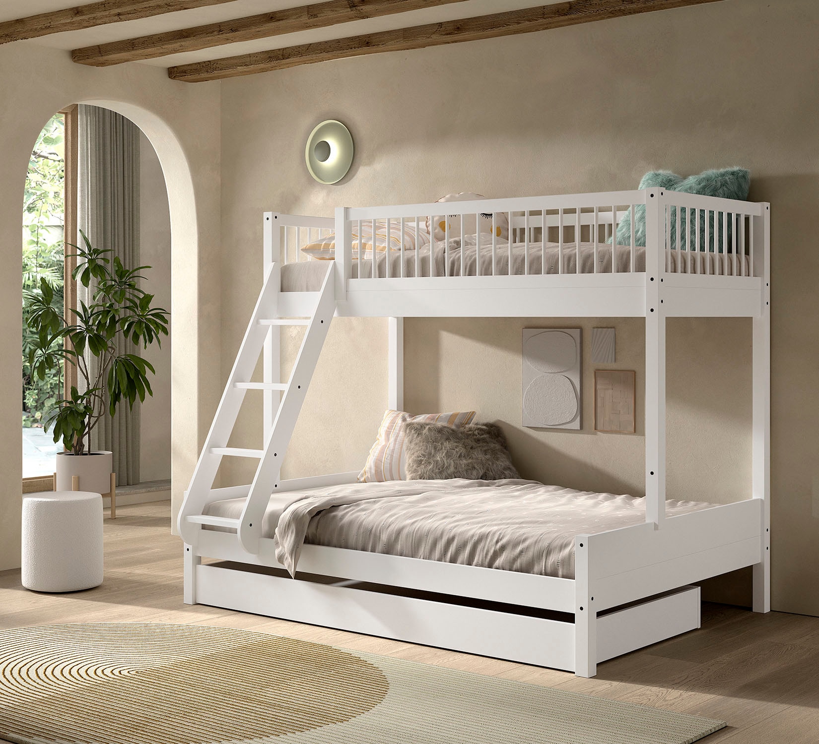 Vipack Etagenbett »Forrest Massivholzbett Made in Europe, stabil und hochwertig gebaut« Liegefläche 90/140x200cm, mit Leiter, Rolllattenrost u. Bettschublade,  mit Absturzschutz oben in Sprossenoptik, Buche weiß lackiert