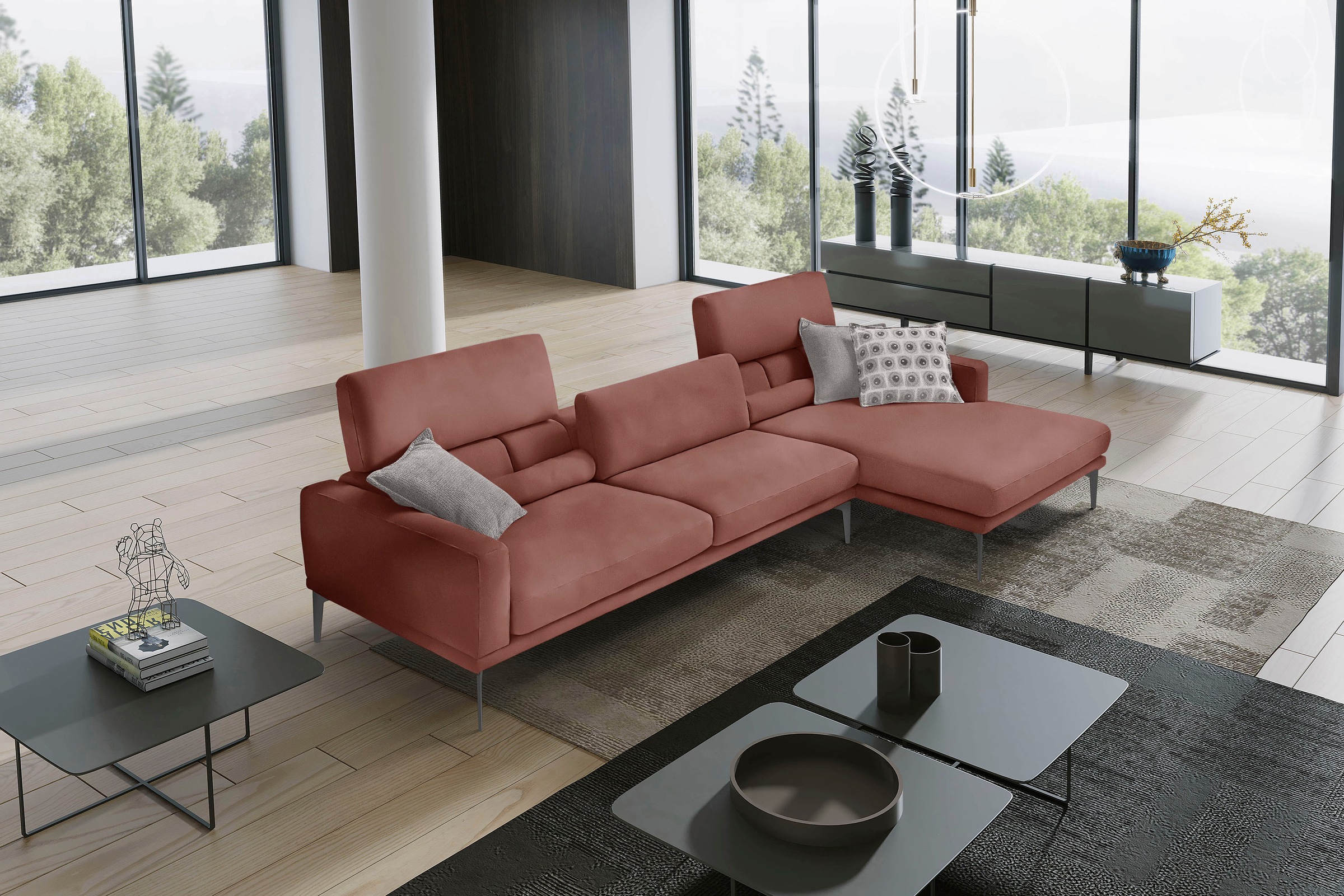 Egoitaliano Ecksofa »Masu, Design trifft sensationellen Sitzkomfort«, inkl. 2 Kissenrollen, Rückenelemente manuell verstellbar, Metallfüße