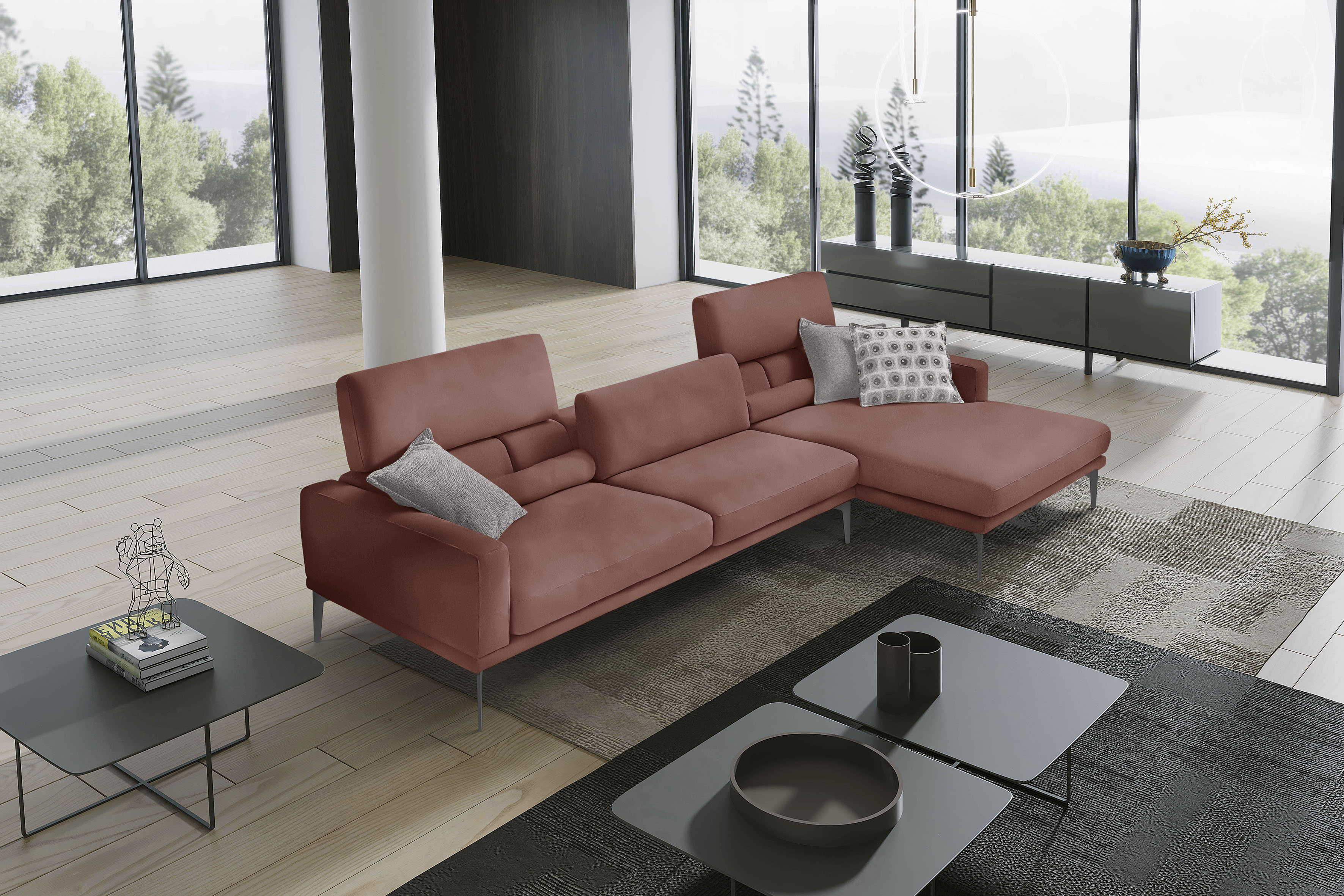 Egoitaliano Ecksofa "Masu, Design trifft sensationellen Sitzkomfort, Breite 277cm, L-Form" inkl. 2 Kissenrollen, Rückenelemente manuell verstellbar, Metallfüße