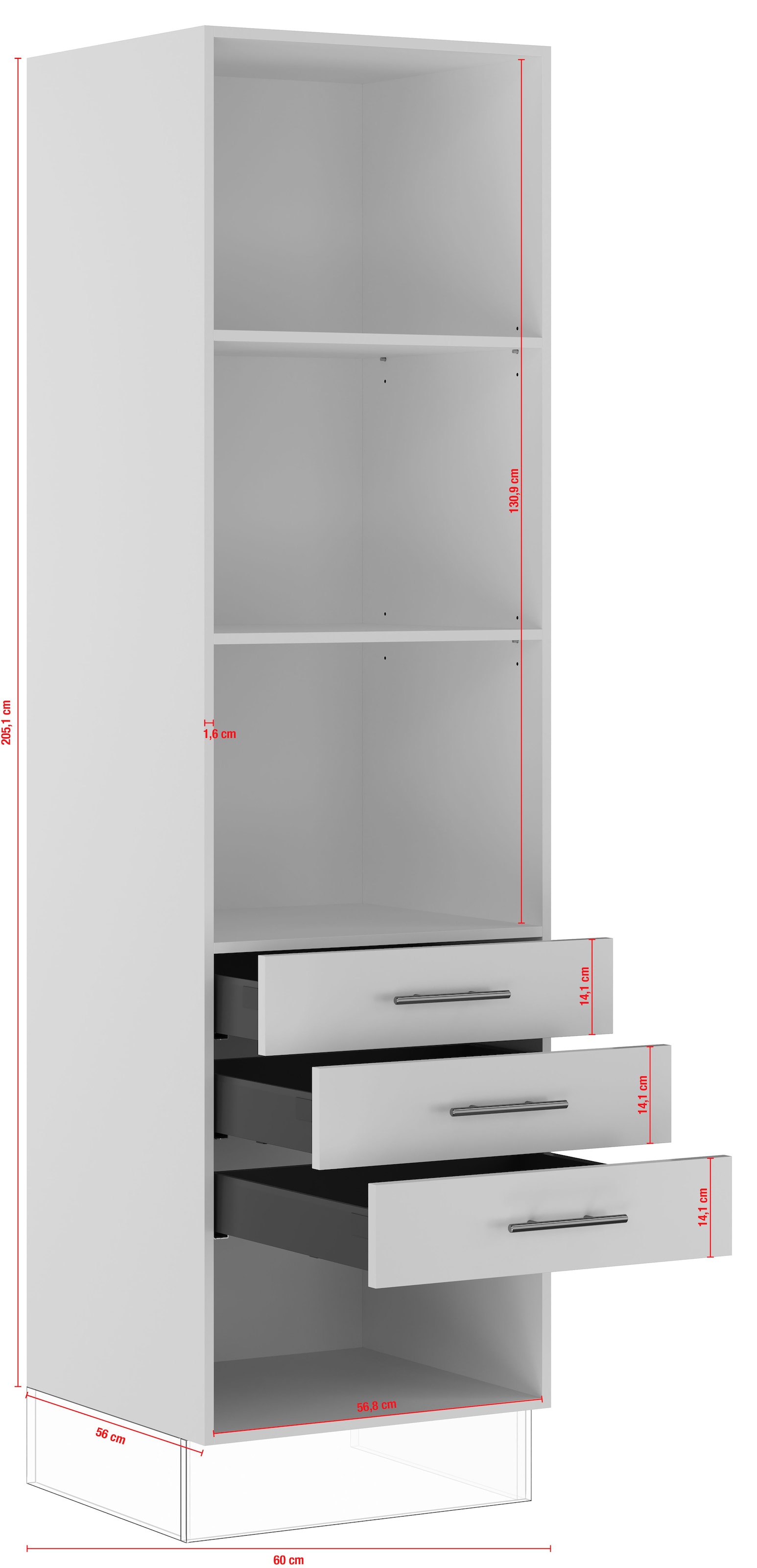 IMPULS KÜCHEN Seitenschrank »"Turin", Breite/Höhe: 60/205,1 cm, mit Soft-Close«, vormontiert, mit Schubkästen, mit verstellbaren Fachböden