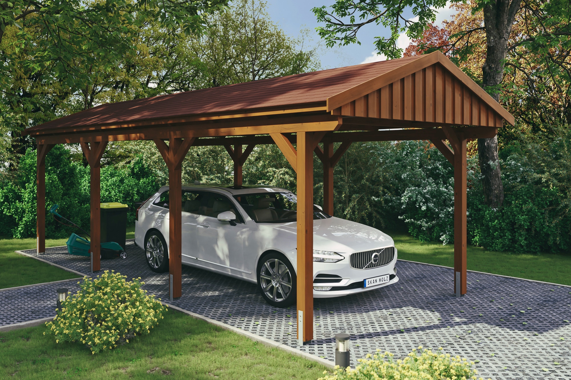 Skanholz Einzelcarport "Fichtelberg" Leimholz braun mit roten Schindeln
