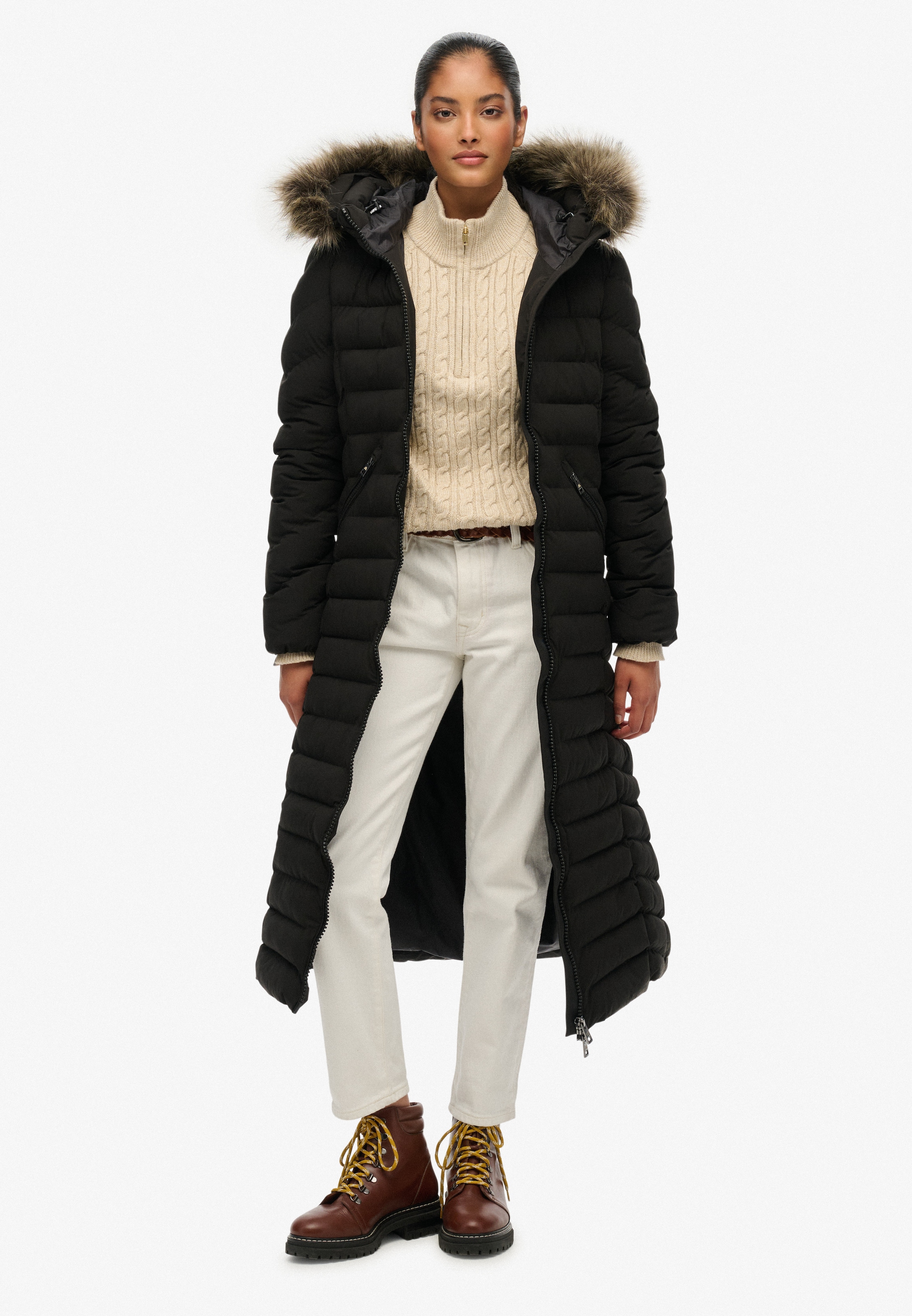 Superdry Steppjacke »FUJI FAUX FUR HOODED LONGLINE«, mit Kapuze