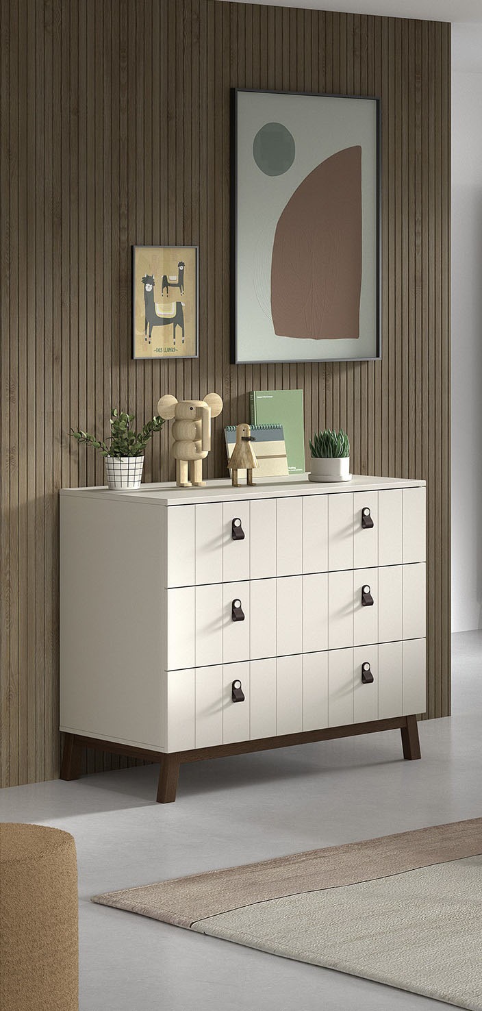 Vipack Kommode »Sezane mit Front in Rillen-Optik und Griffschlaufen« MDF Clay farben lackiert, braune Griffschlaufe, Sockel nussbaumfarbig