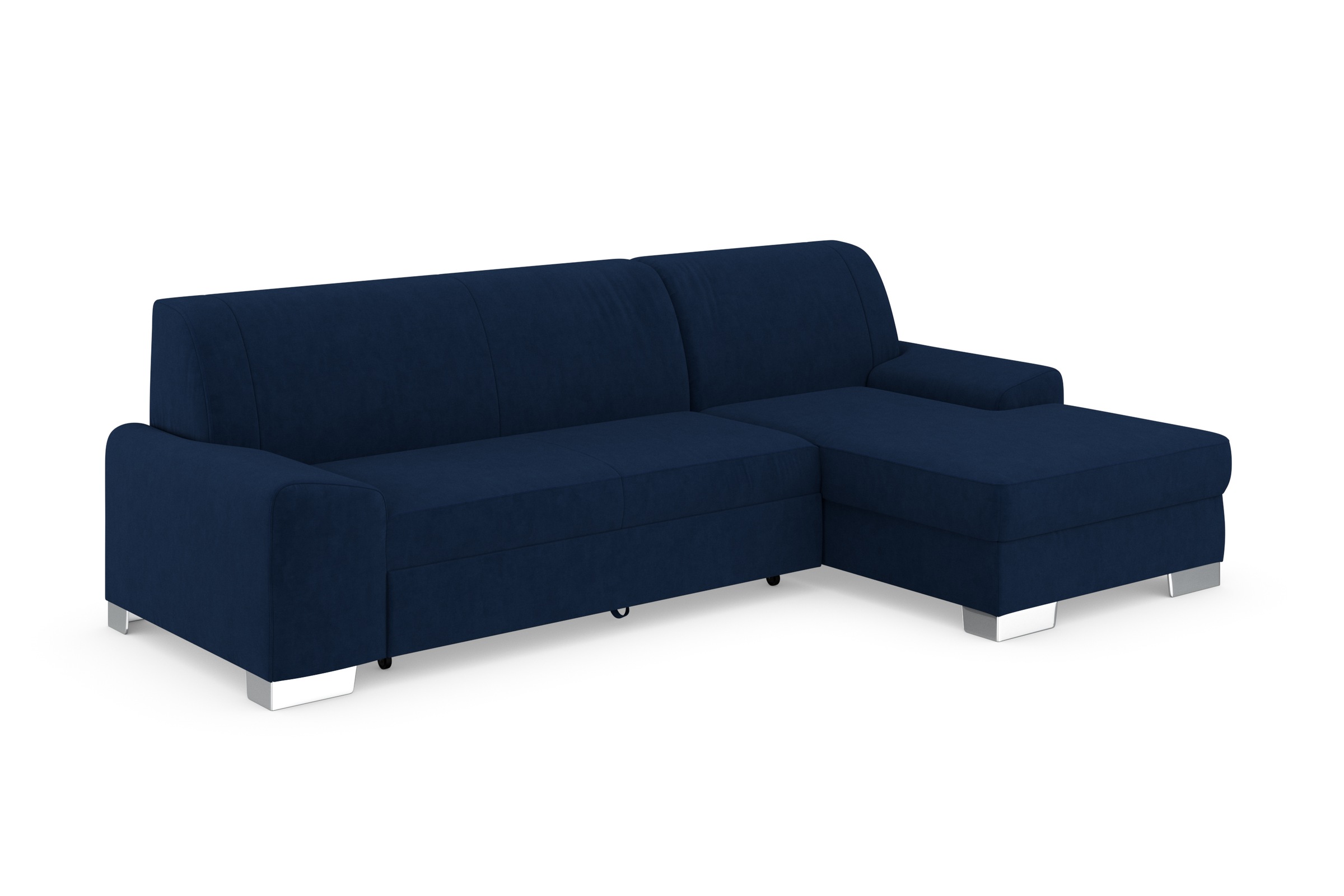 DOMO collection Ecksofa »Anzio L-Form, whlw. Bettfunktion, Federkern, hochwertig, Breite 271 cm«, Mit Bettfunktion, Recamiere rechts, Samtoptik, marine