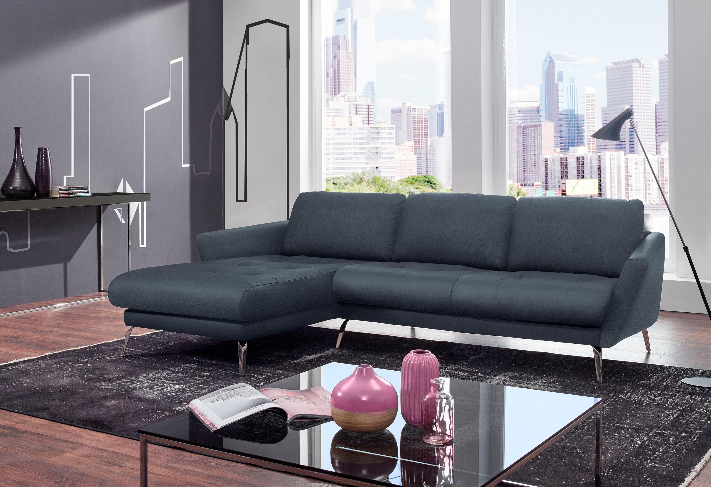W.SCHILLIG Ecksofa »softy, Designsofa, zeitlos und elegant, hoher Sitzkomfort, L-Form«, mit dekorativer Heftung im Sitz, Füße Chrom glänzend