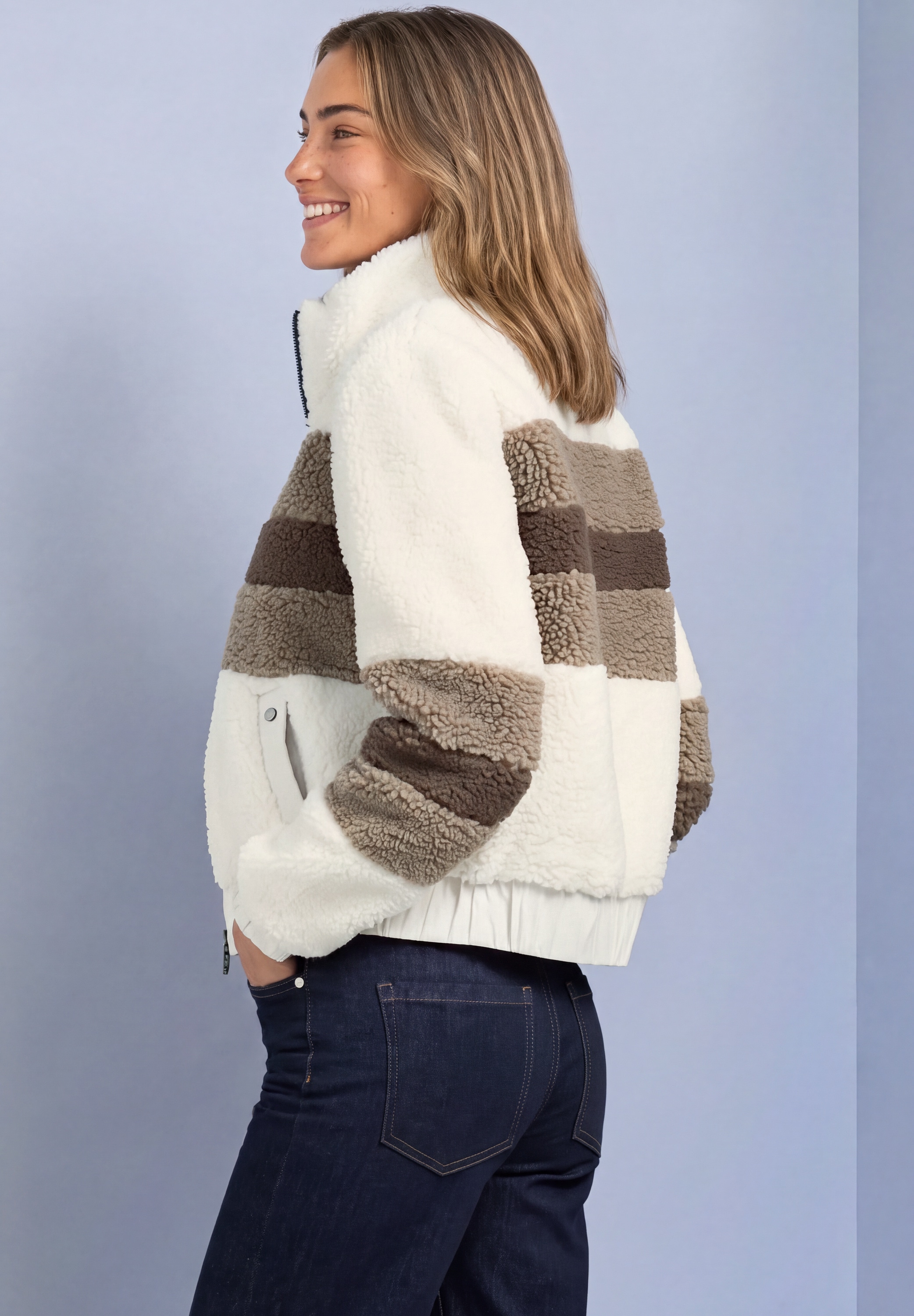 STREET ONE Plüschjacke Teddy-Jacke im Colorblock-Look