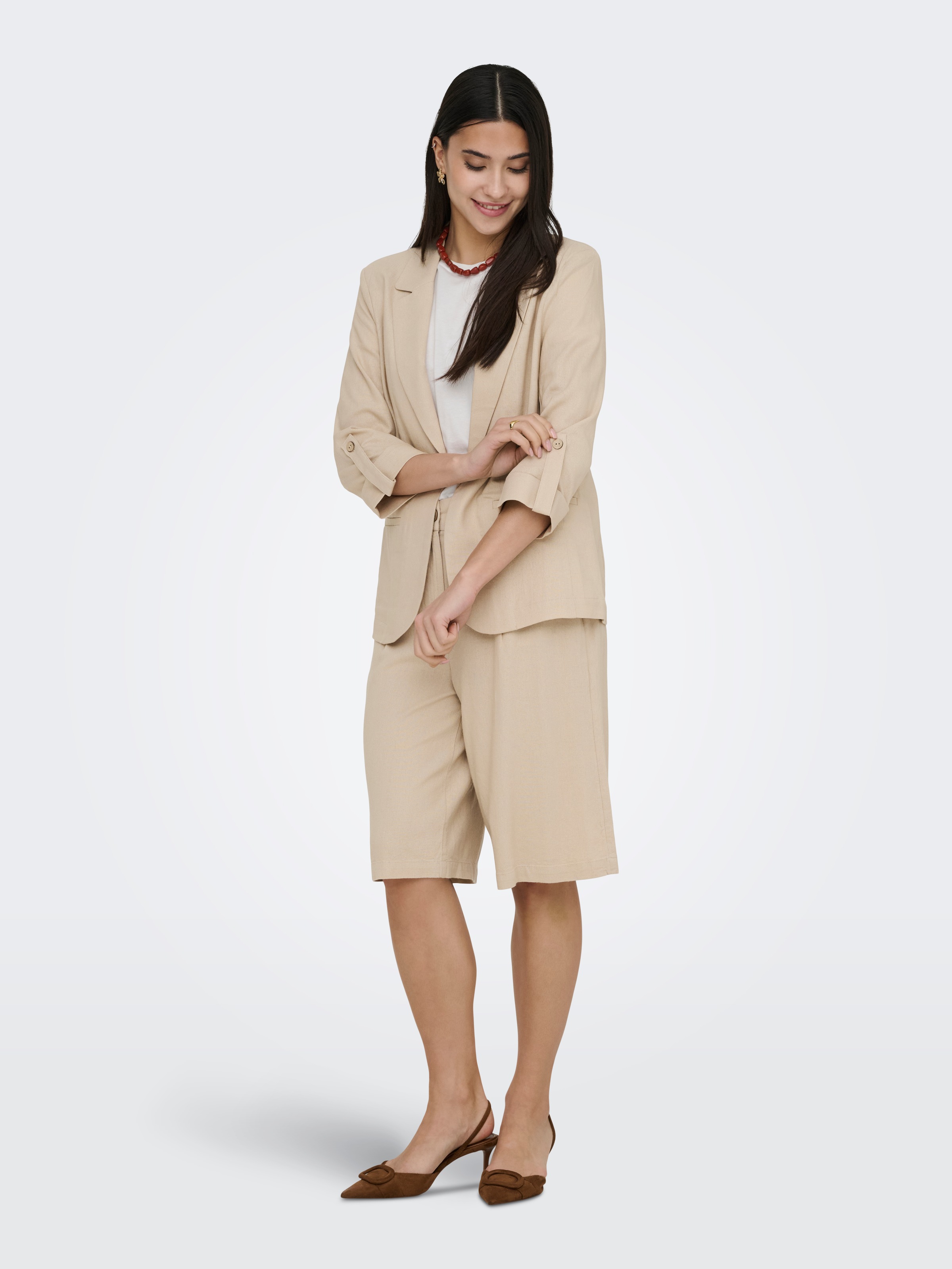 Kurzblazer ONLY "ONLGOA 3/4 UNLINE LINEN BL BLAZER CC TLR", Damen, Gr. 38, oxford tan, Web, Obermaterial: 70% Viskose, 30% Leinen, unifarben, loose fit normal, V-Ausschnitt, Blazer Kurzblazer, mit Leinen 3