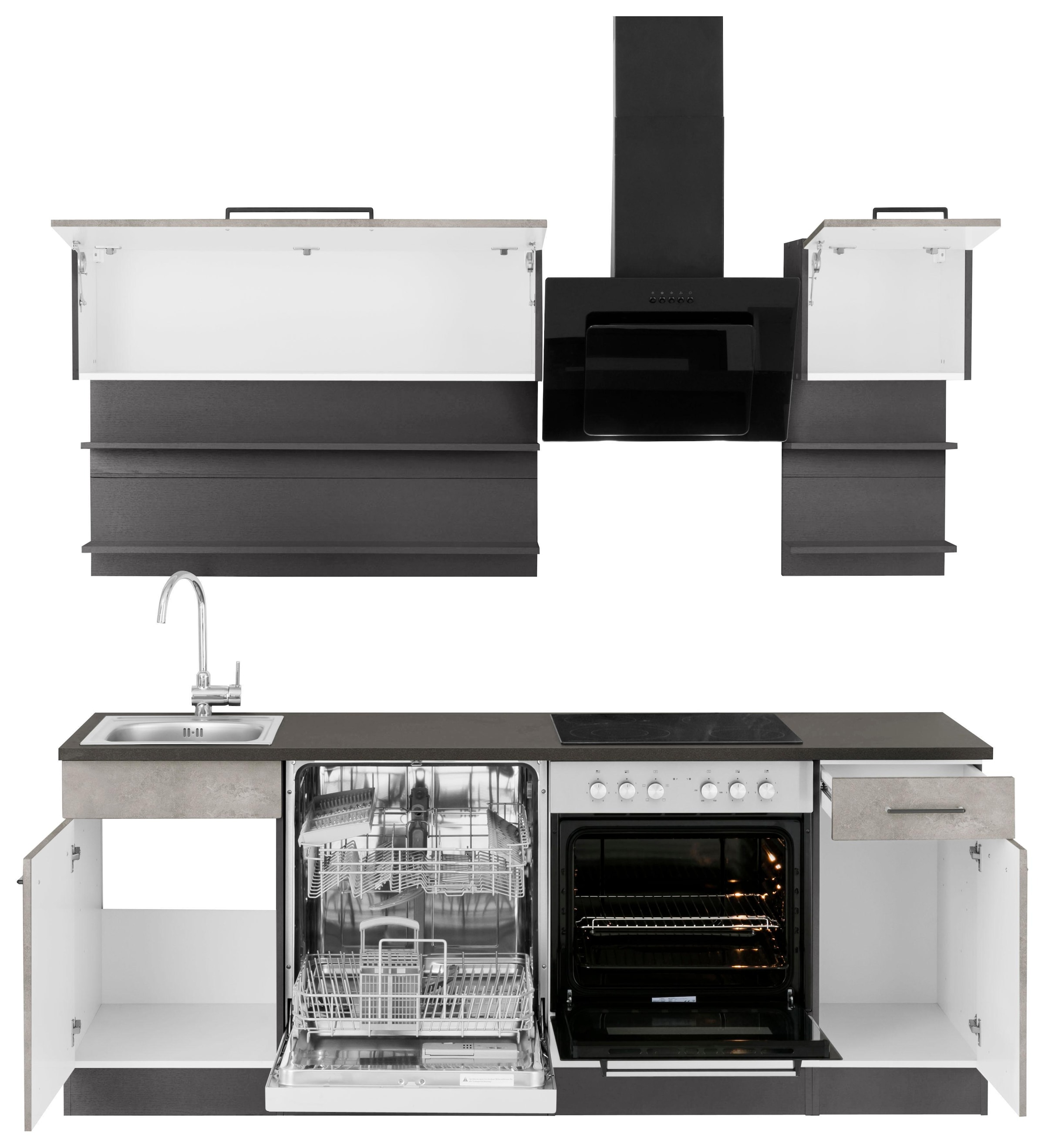 KOCHSTATION Küchenzeile »KS-Tulsa«, mit E-Geräten, Breite 210 cm, schwarze Metallgriffe, MDF Fronten