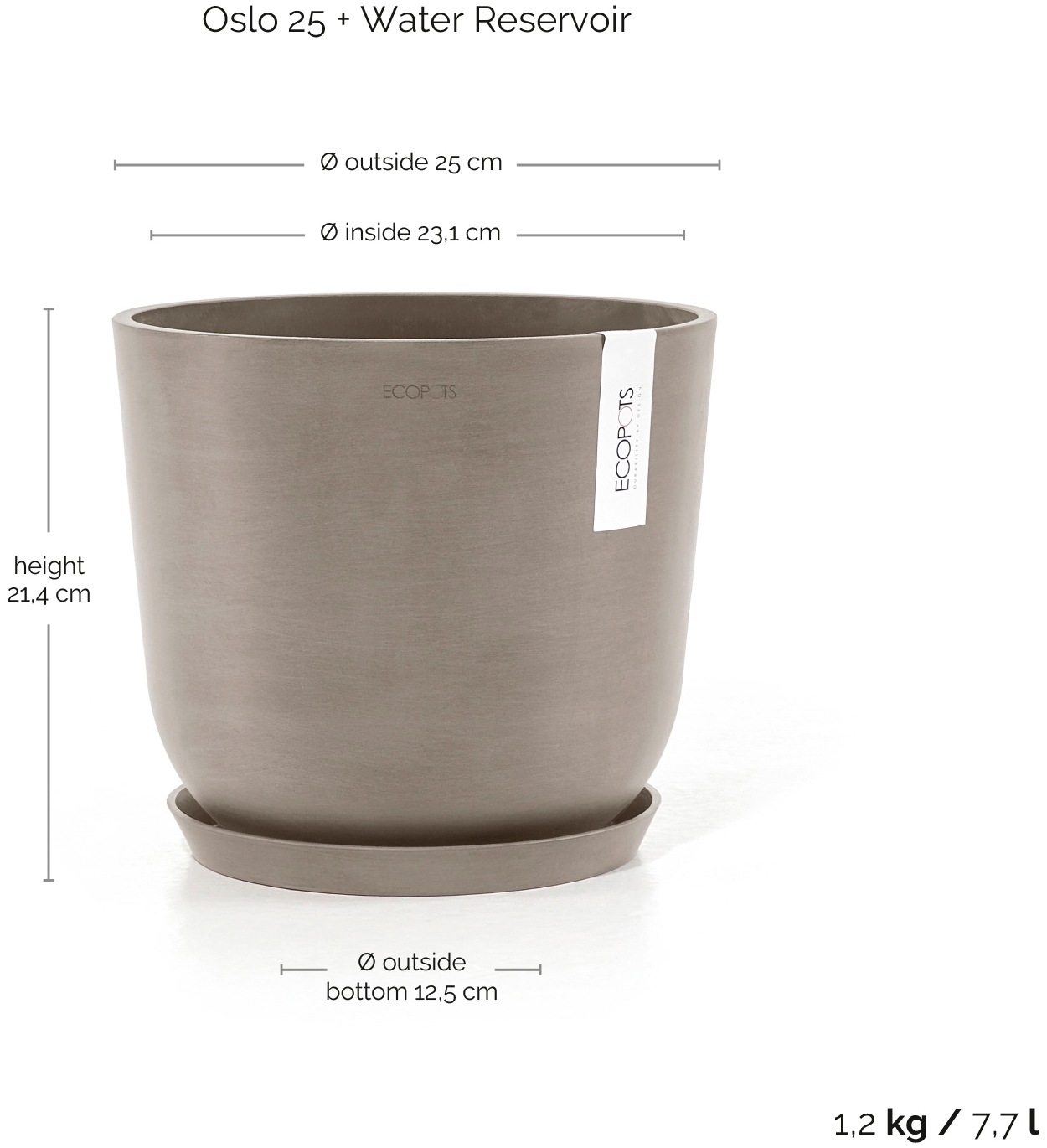 ECOPOTS Blumentopf »Oslo 25 + Wassersystem Taupe«, für innen und außen: frostsicher, bruchsicher und lichtbeständig