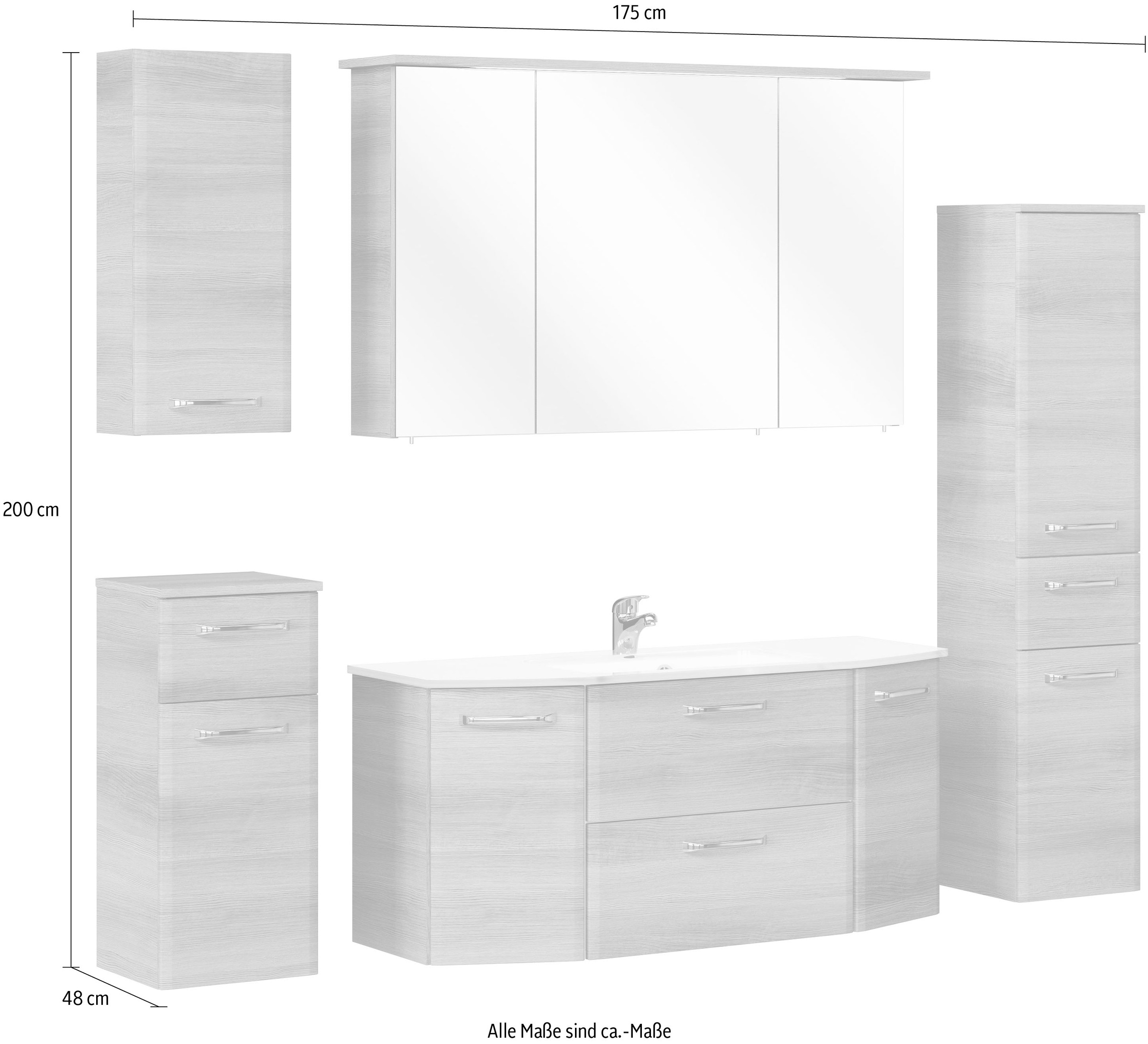 Saphir Badmöbel-Set »Quickset 5-teilig Glas-Waschtisch mit LED-Spiegelschrank, Bad-Set«, (6 St.), Midischrank, Unterschrank, Hängeschrank, inkl. Türdämpfer, 9 Türen