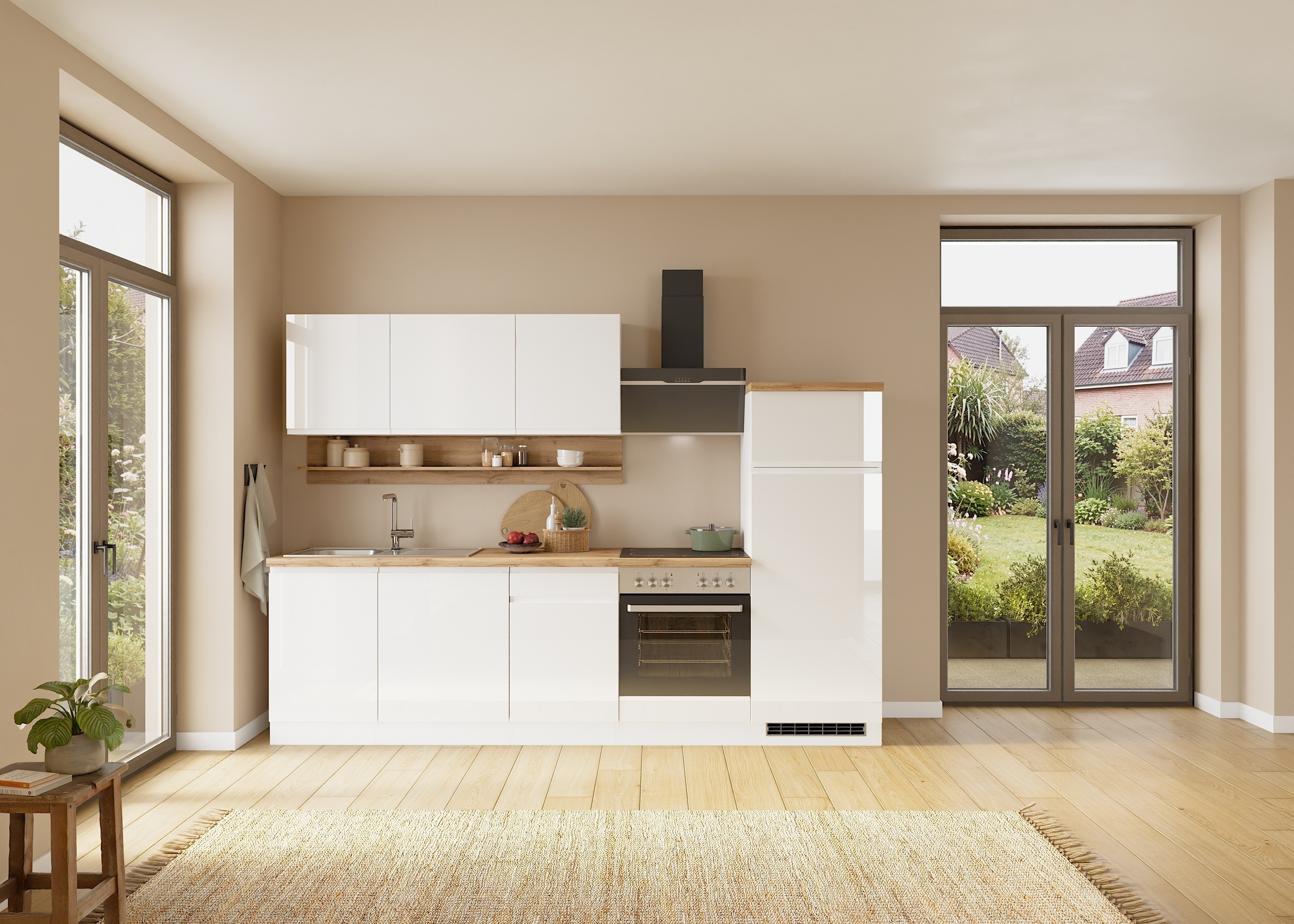 KOCHSTATION Küchenzeile "KS-Virginia,neu in verbesserter Ausführung" Arbeitsplatte 38 mm stark, Stauraum, Softclose, Breite 280 cm, Soft-Close, wahlweise mit E-Geräten