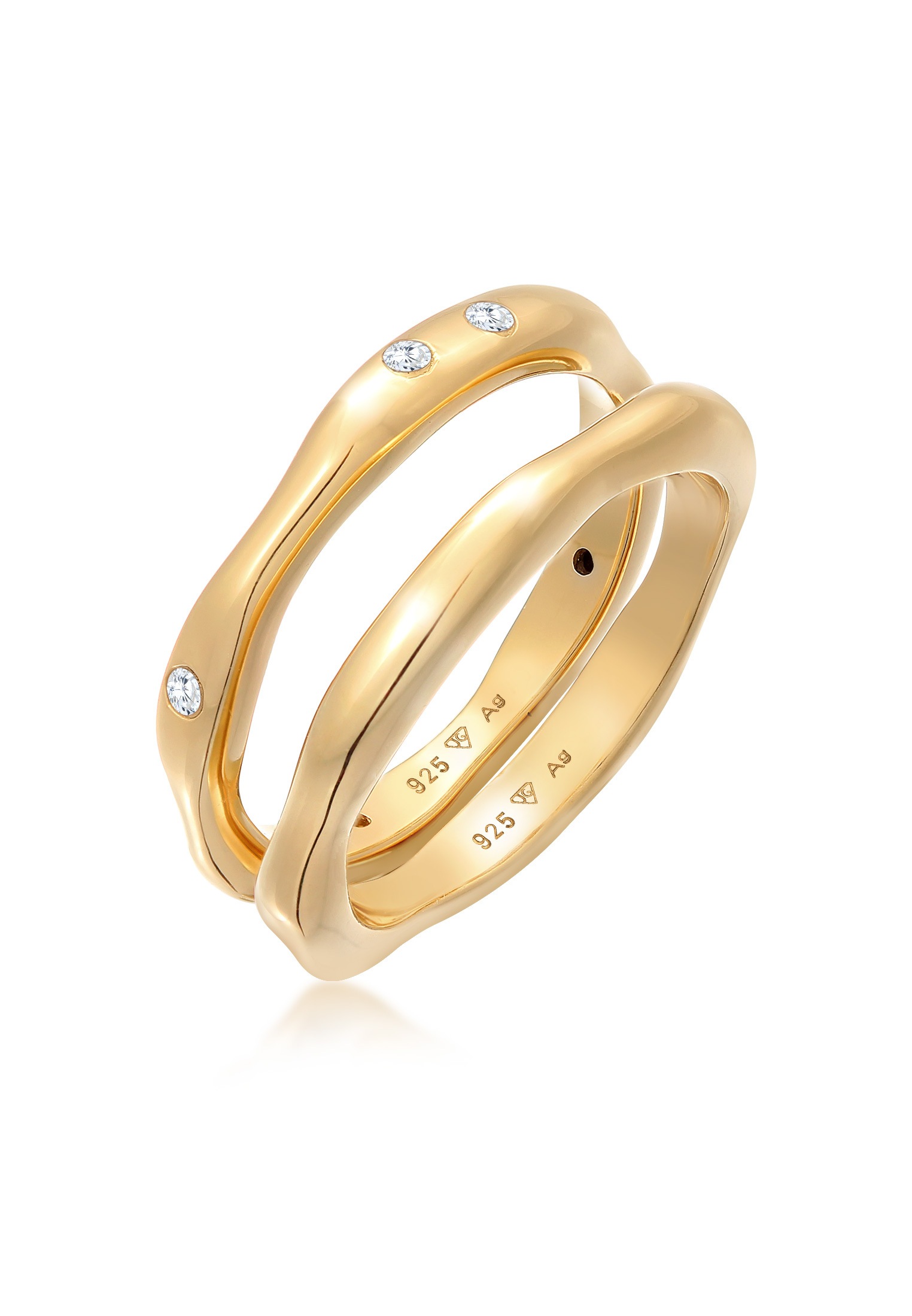 ELLI Damen Solitärring "Zirkonia Stapelring Bandring Basic 2er Set 925 Ring", 52mm,mit Steinen, Silber 925 (Sterlingsilber), 3mm, gold, Silber 925