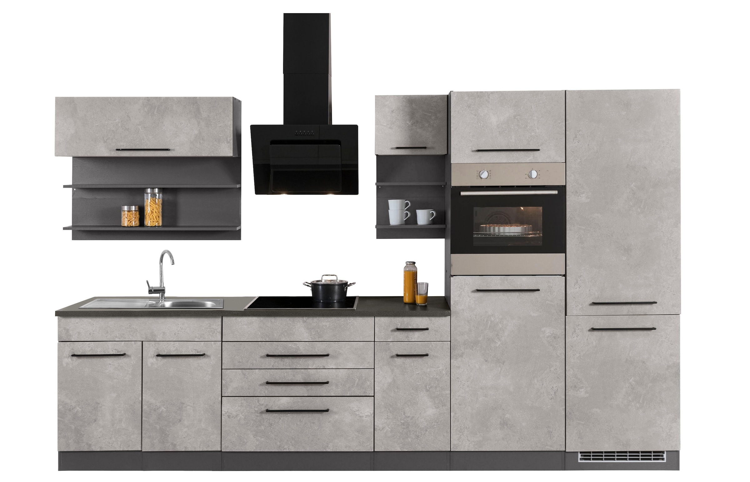 KOCHSTATION Küchenzeile »KS-Tulsa«, ohne E-Geräte, Breite 350 cm, schwarze Metallgriffe, MDF Fronten