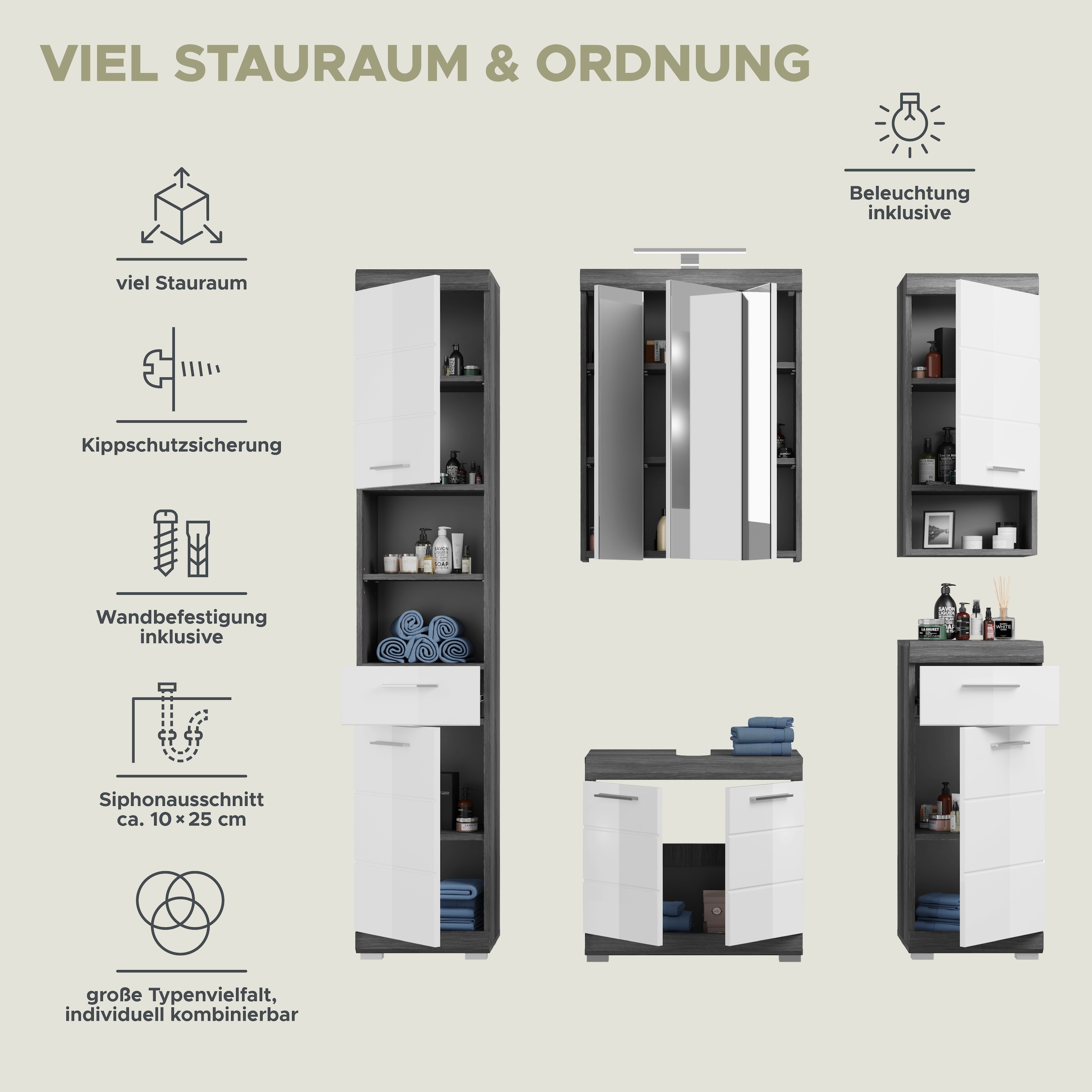 INOSIGN Badmöbel-Set »Siena, 5 teilig, inklusive LED Beleuchtung, bestehend aus:«, (Set, 5 St.), Hochschrank, WBU, Spiegelschrank, Unterschrank, Hängeschrank
