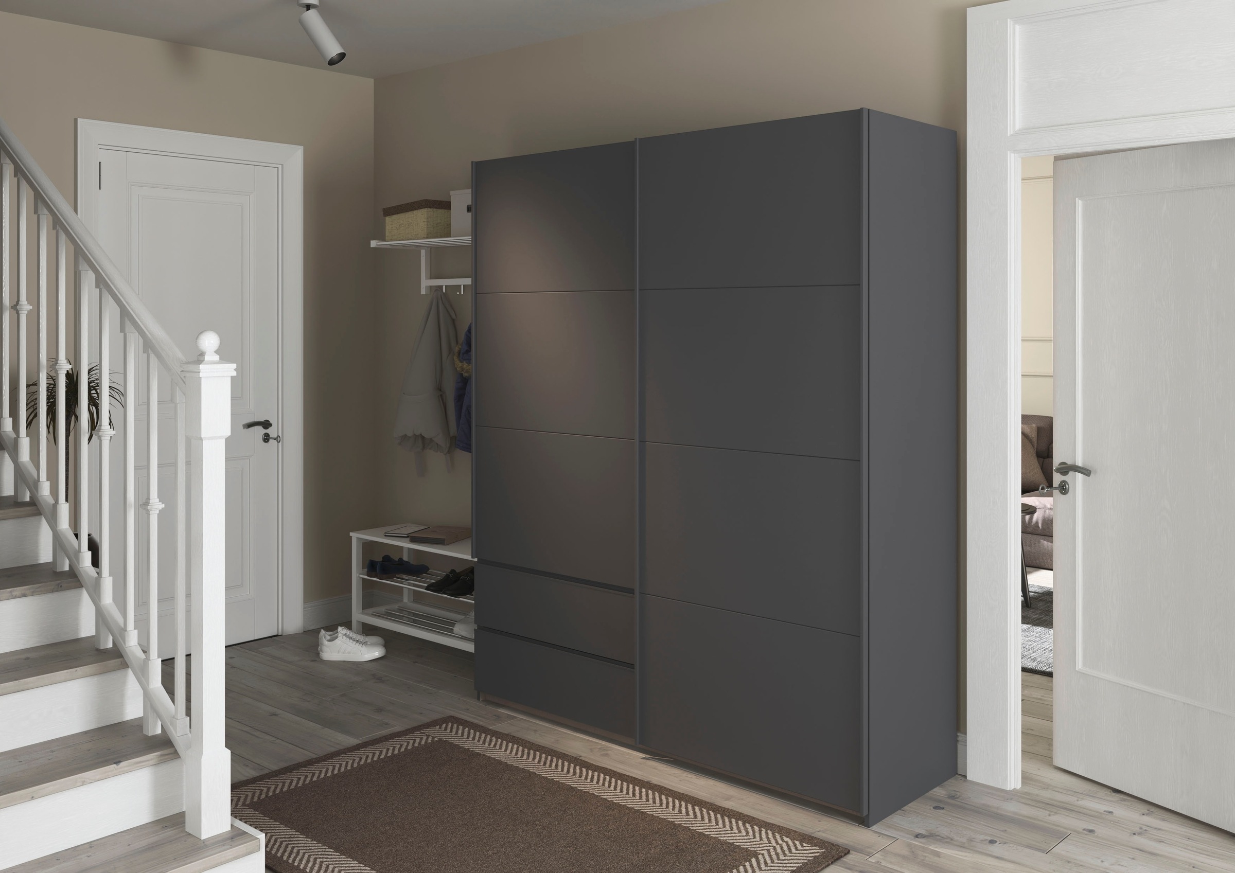 rauch Schwebetürenschrank »Kleiderschrank Schrank Garderobe Wäscheschrank SEVILLA«, (in 3 verschiedenen Ausstattungen BASIC/CLASSIC/PREMIUM), Metall-Griffleisten alufarben oder Graumetallic MADE IN GERMANY