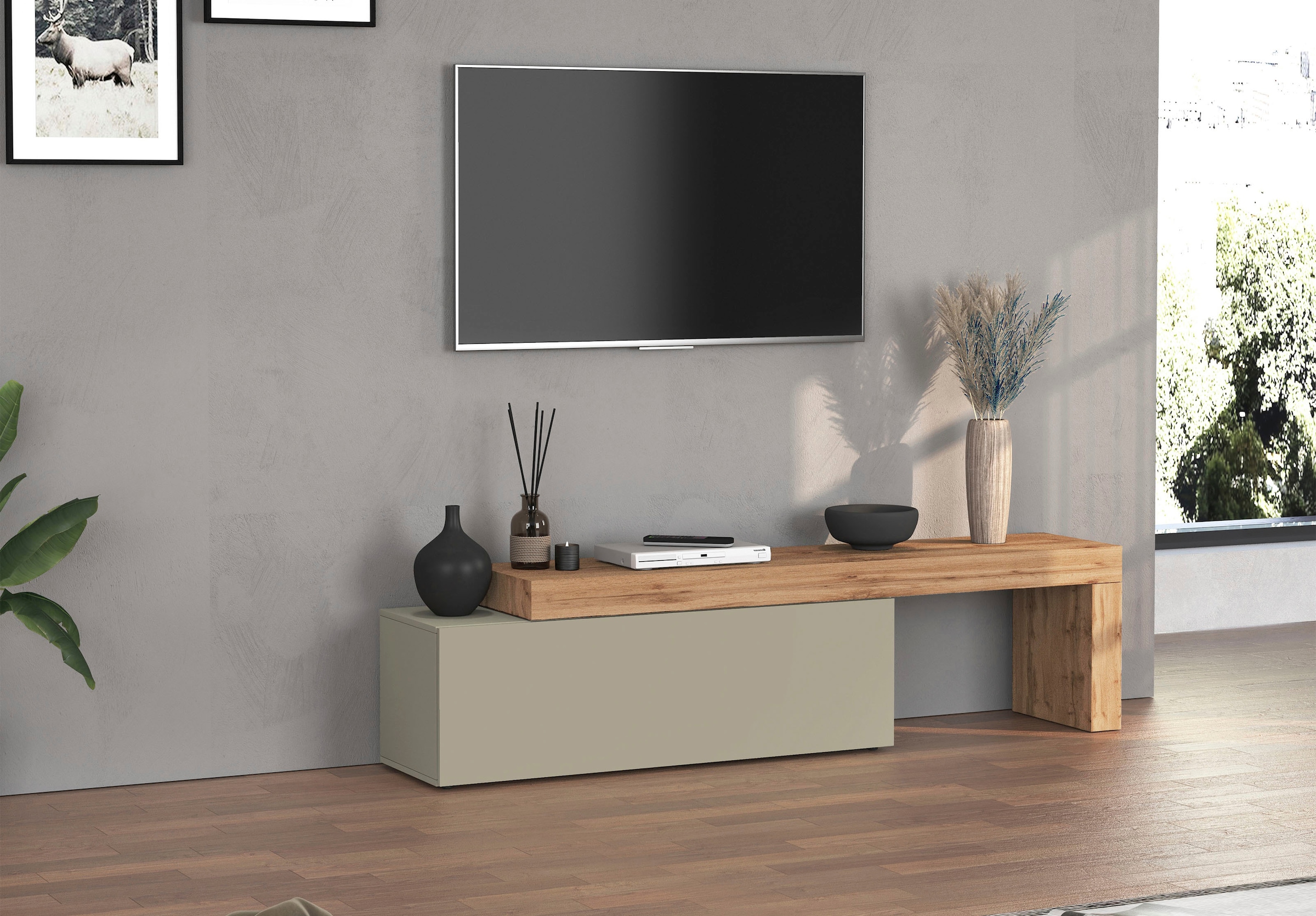 INOSIGN Lowboard »Chronos TV-Board, T-Schrank«, (1 St., Breite verstellbar von 180 bis 290 cm), Breite 240 cm TV-Board,Lowboard,1 Klappe und ein L-Förmiger Aufsatz