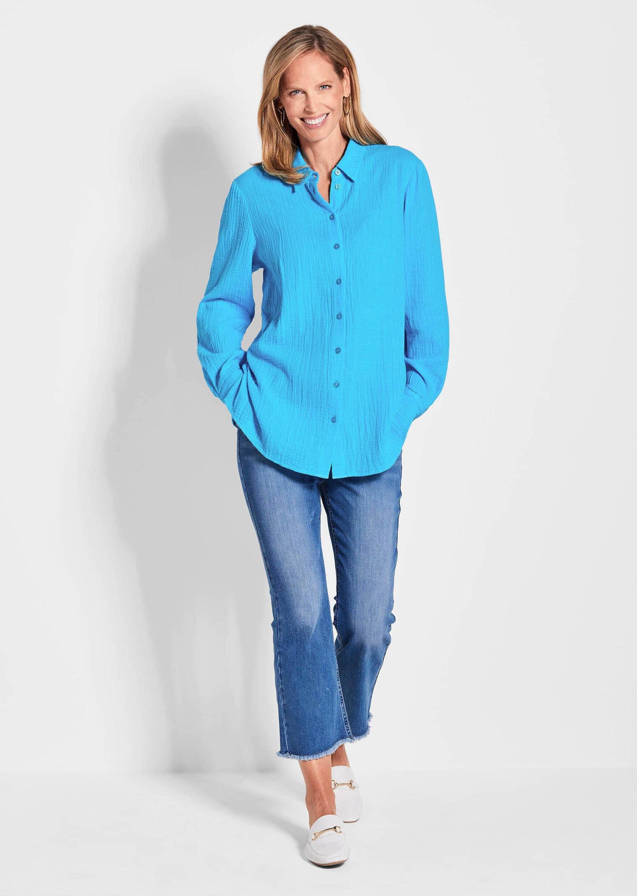Hemdbluse GOLDNER "Verlängerte Langarm Musselin-Bluse", Damen, Gr. 54, blau (türkis), Obermaterial: 100% Baumwolle CO., Basic, figurumspielend, Manschette, Blusen Hemdbluse, überaus hautfreundliche Qualität 3
