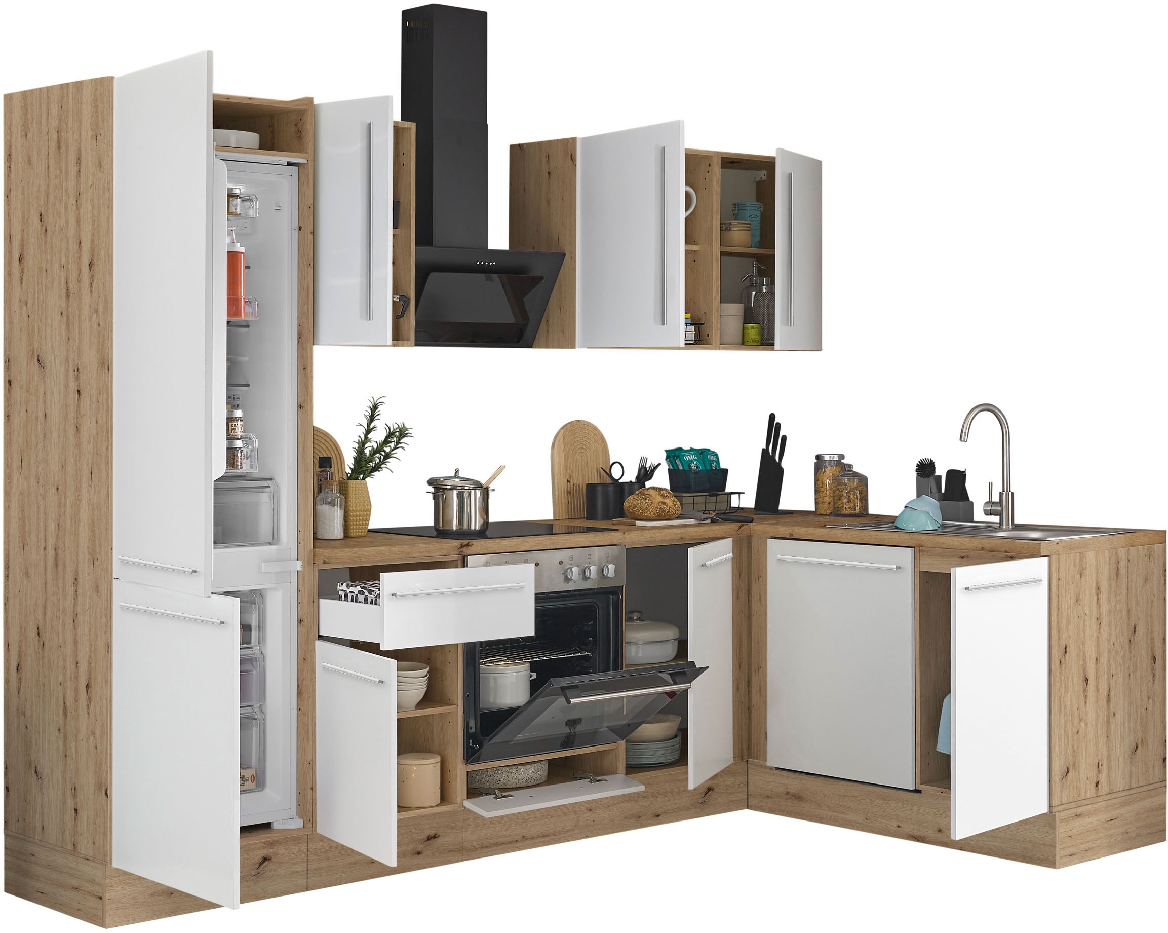 KOCHSTATION Winkelküche »Florida, Stellbreite 280x165 cm«, wahlweise mit E-Geräten, mit Softclose für Türen und Schubkästen