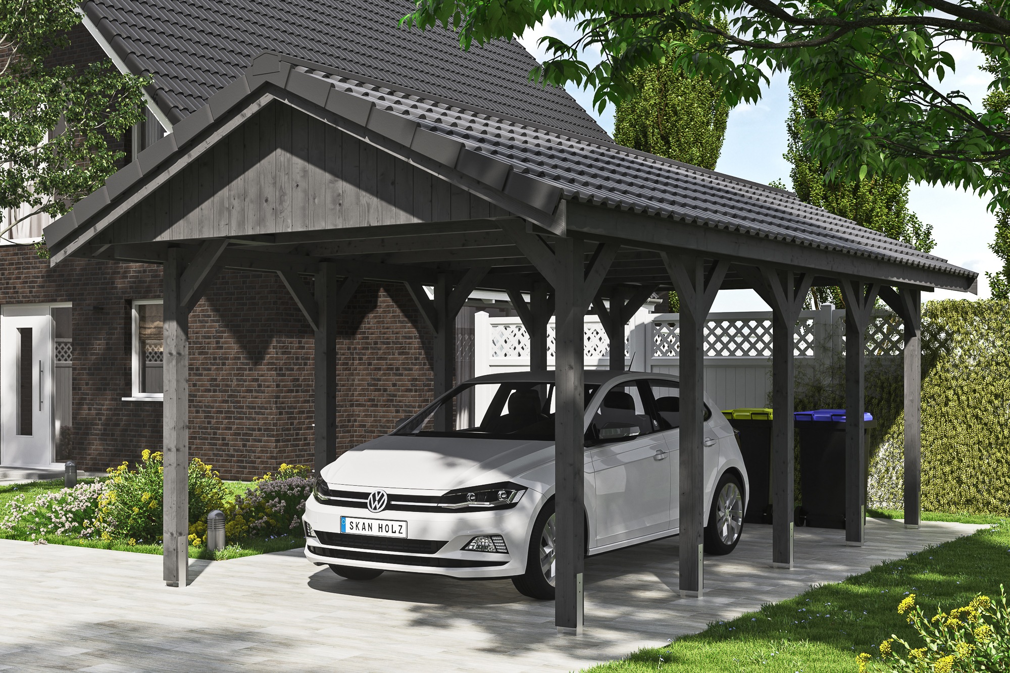 Skanholz Einzelcarport "Wallgau" Massivholz 291 cm Schiefergrau mit Dachlattung