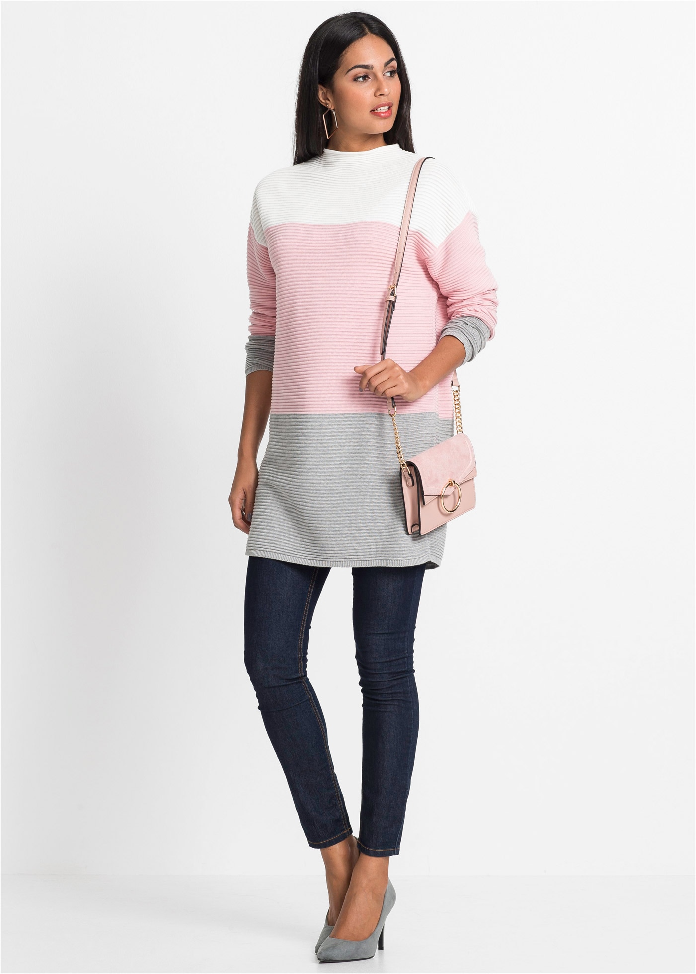 bonprix Longpullover »Gestreifter Long-Pullover« aus Baumwolle und Polyacryl, mit Stehkragen, für kühle Tage