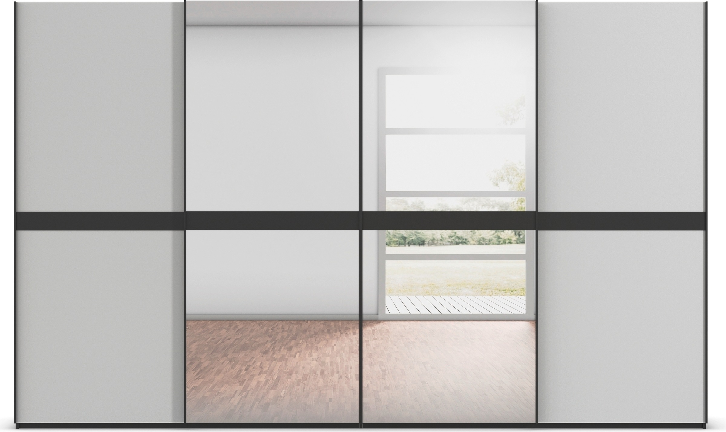 rauch Schwebetürenschrank »Kleiderschrank Schrank Garderobe Schlafzimmerschrank SCALE-LINE«, edle Optik mit Bauchbinde mit Glas/Spiegel-Front MADE IN GERMANY