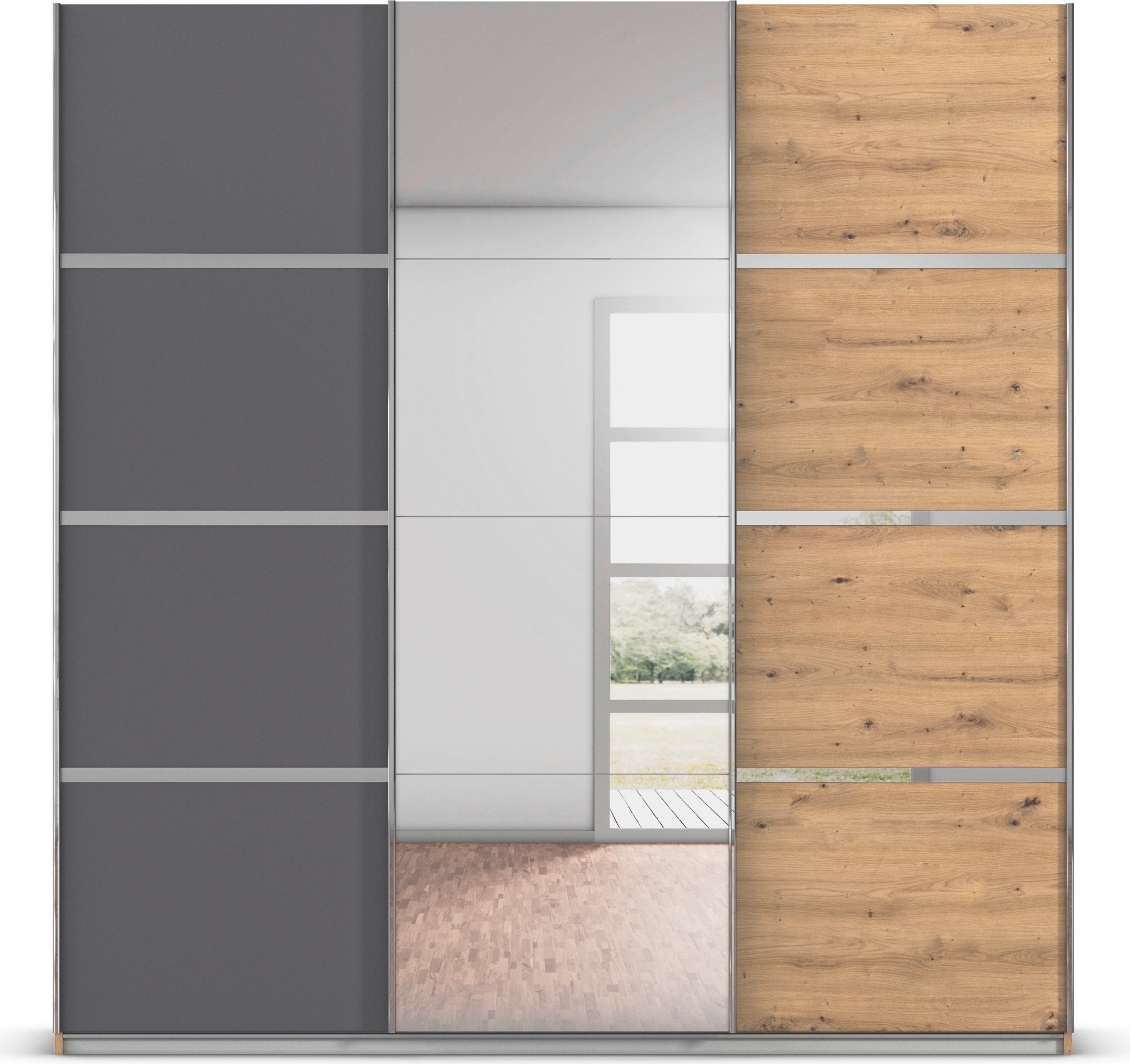 rauch Kleiderschrank »Schwebetürenschrank Garderobe Schrank TOP ANGEBOT Avola«, (in 3 verschiedenen Ausstattungen BASIC/CLASSIC/PREMIUM inkl. Spiegel), mit eleganten Zierleisten in Chrom, Schwarz oder Weiß MADE IN GERMANY