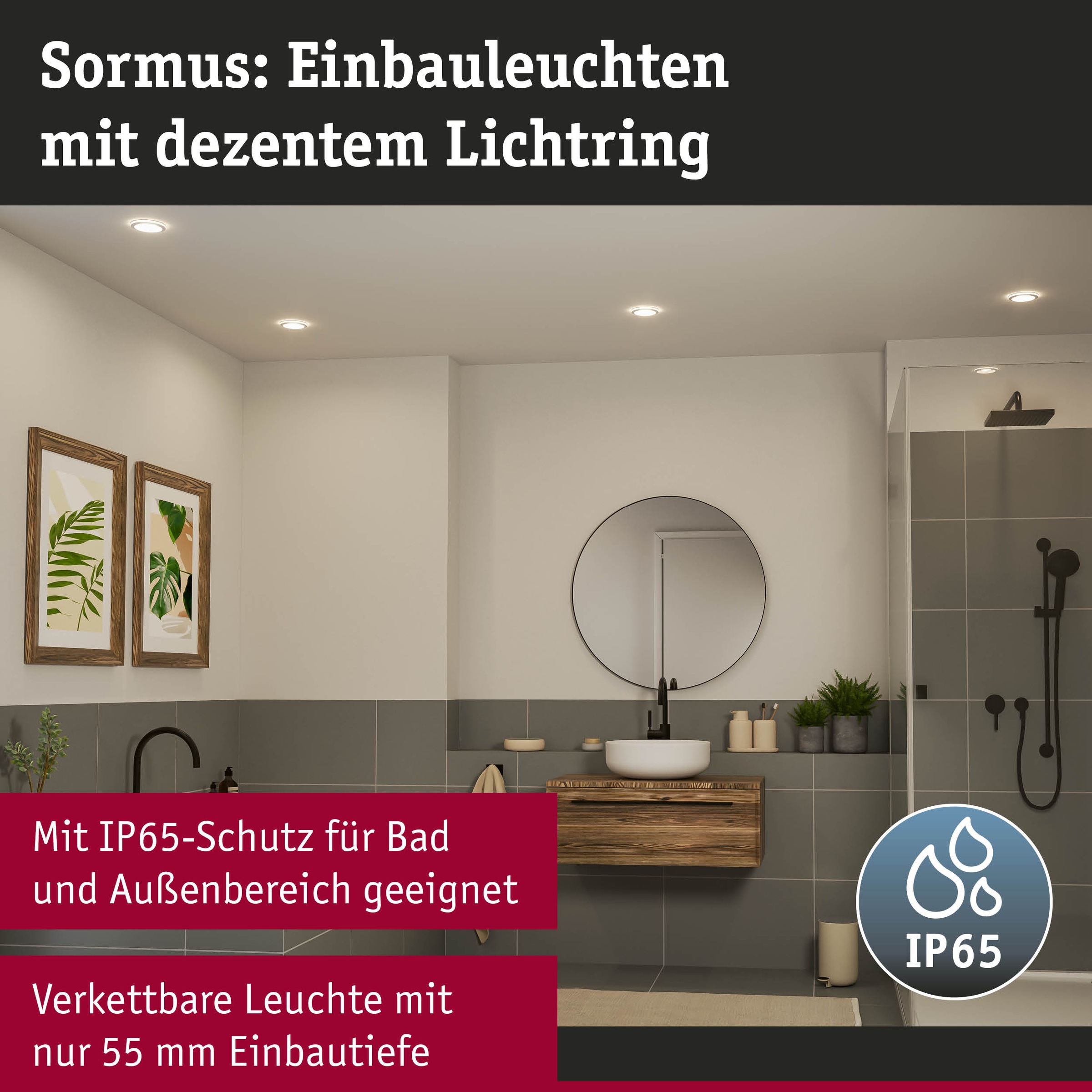 Paulmann LED Einbauleuchte »LED Einbauleuchte Sormus IP65 rund 100mm«, 3 flammig, Memoryfunktion