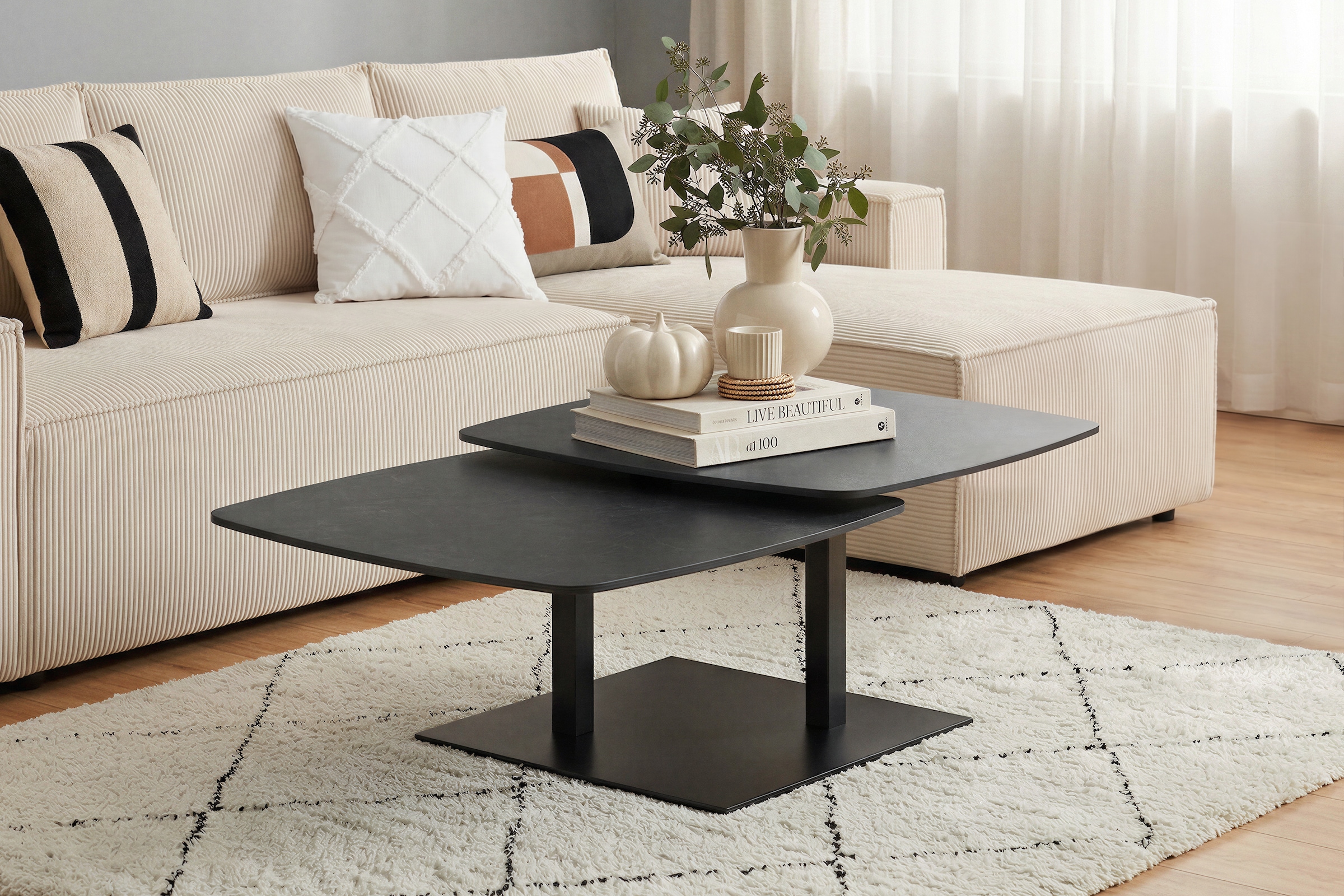 OTTO home Couchtisch »Orsini« mit verschiebbarer Tischplatte in Steinoptik, robustem Metallgestell