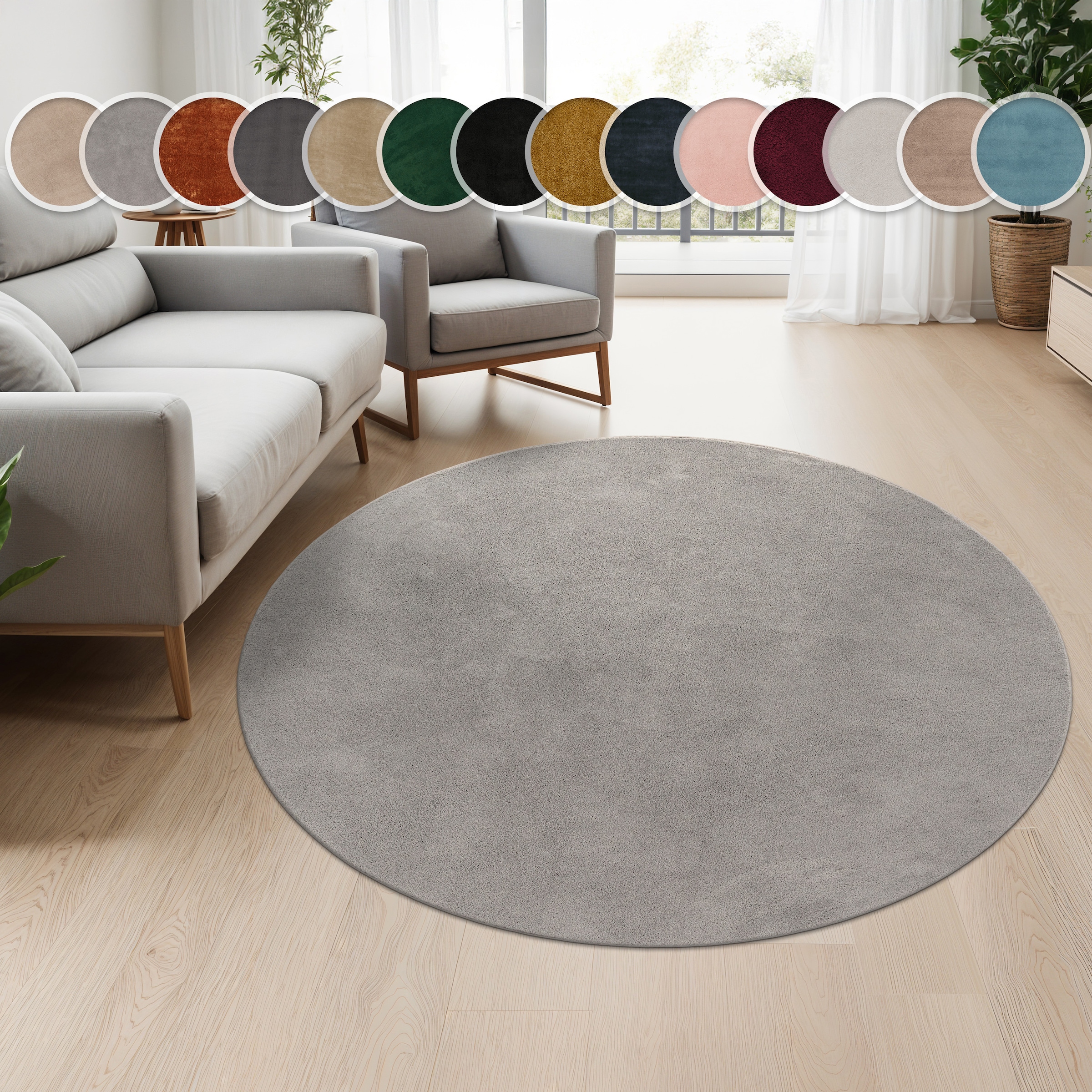 Teppich PACO HOME "Cadiz 630", grau, H:14mm Ø:120cm, Polyester, Teppiche, Teppich, Kurzflor, Uni-Farben, besonders weich, waschbar, Wohnzimmer