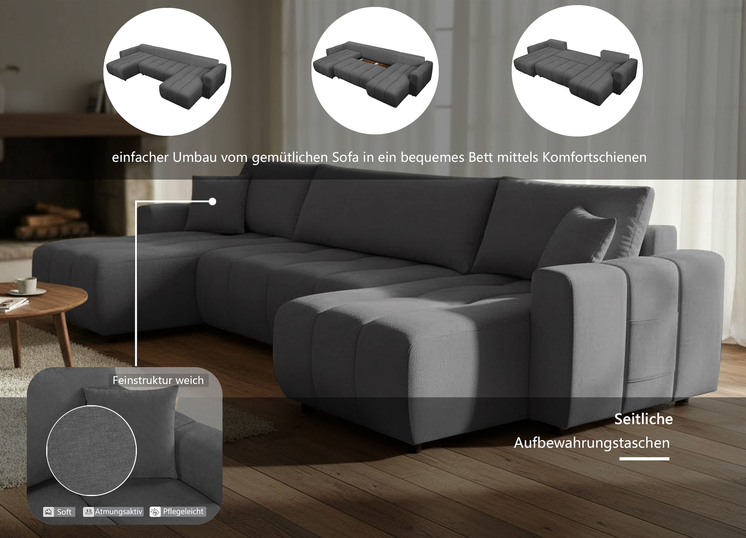 OTTO home Wohnlandschaft »YLVAA U-Form, 311 cm - Schlafsofa« Schlaffunktion (132/269), Boxspring, Bettkasten, Feinstruktur-Bezug