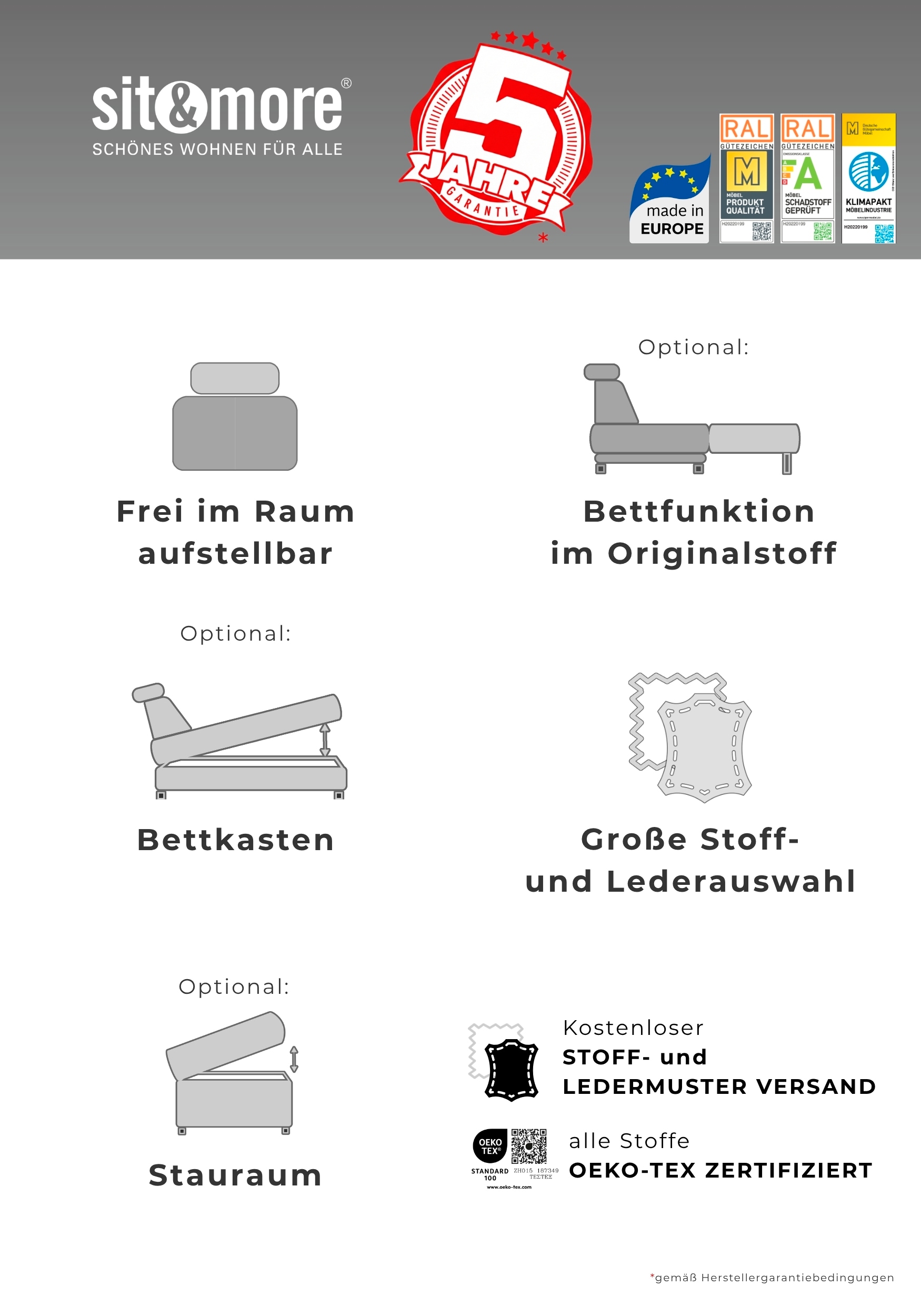 sit&more Ecksofa »Cabrio L-Form, B: 295 cm, mit Sitztiefen-, Arm- & Kopfteilverstellung« 2 Nierenkissen, Federkern, optional Schlaffunktion und Stauraum