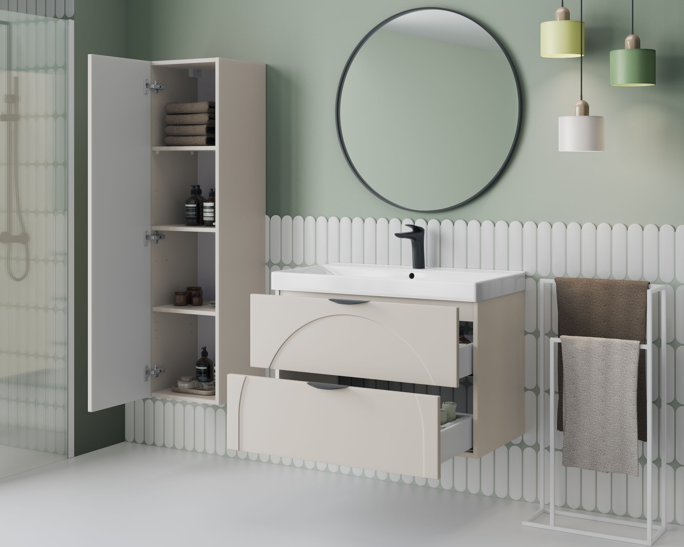 welltime Hängeschrank »FLOW CIRCLE rechts/links montierbar, Breite 35 cm, modernes Design« Schrank mit 3 Einlegeböden, Push-to-open-Function