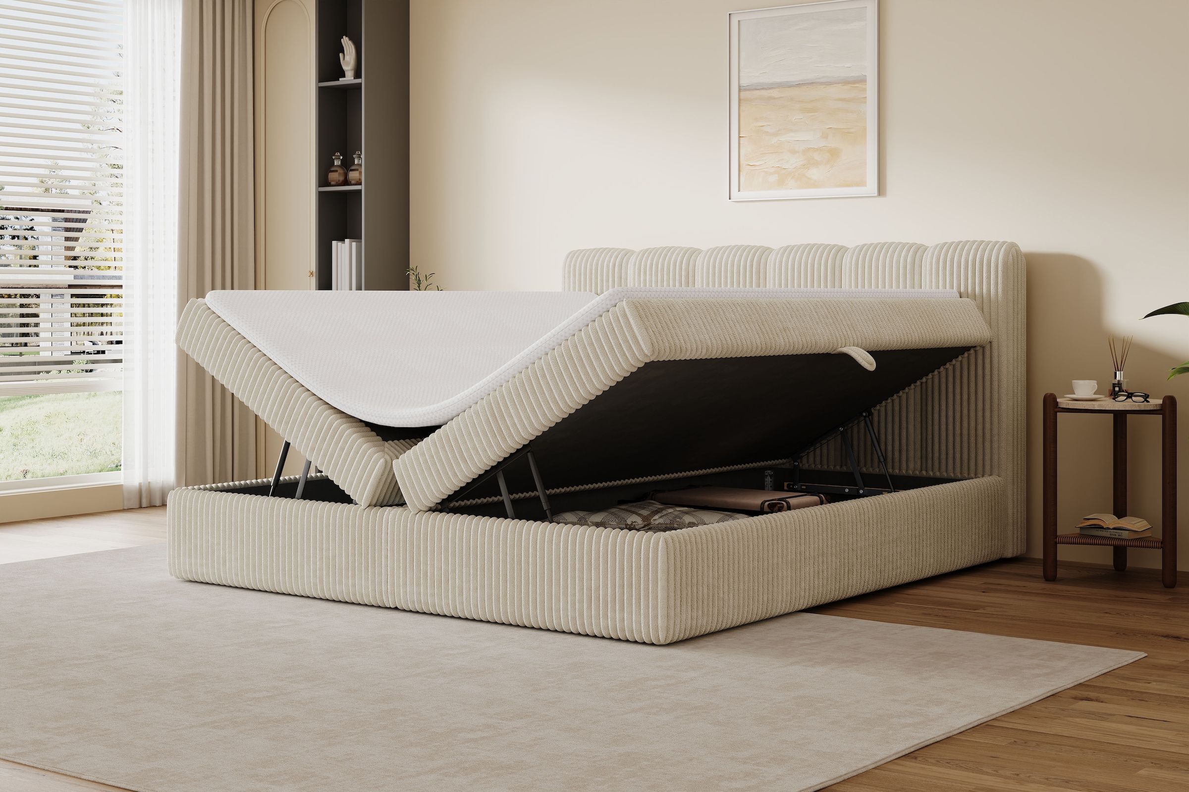 OTTO home Boxbett »SIVVA in der Breite 180cm, flauschiger Breitcord, Farbe: cream« inkl. Taschenfederkernmatratze (H3) & Topper (4cm)