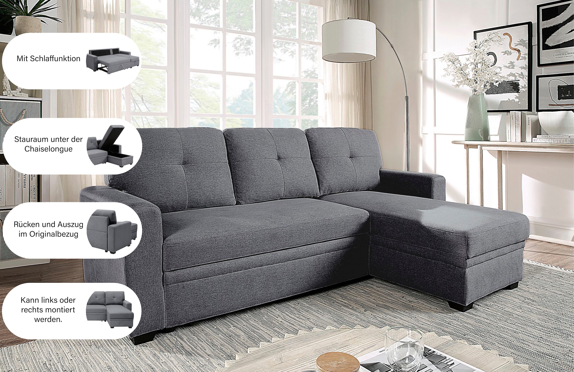 ATLANTIC home collection Ecksofa »Gerrit L-Form, B: 216 cm« mit Schlaffunktion & Bettkasten