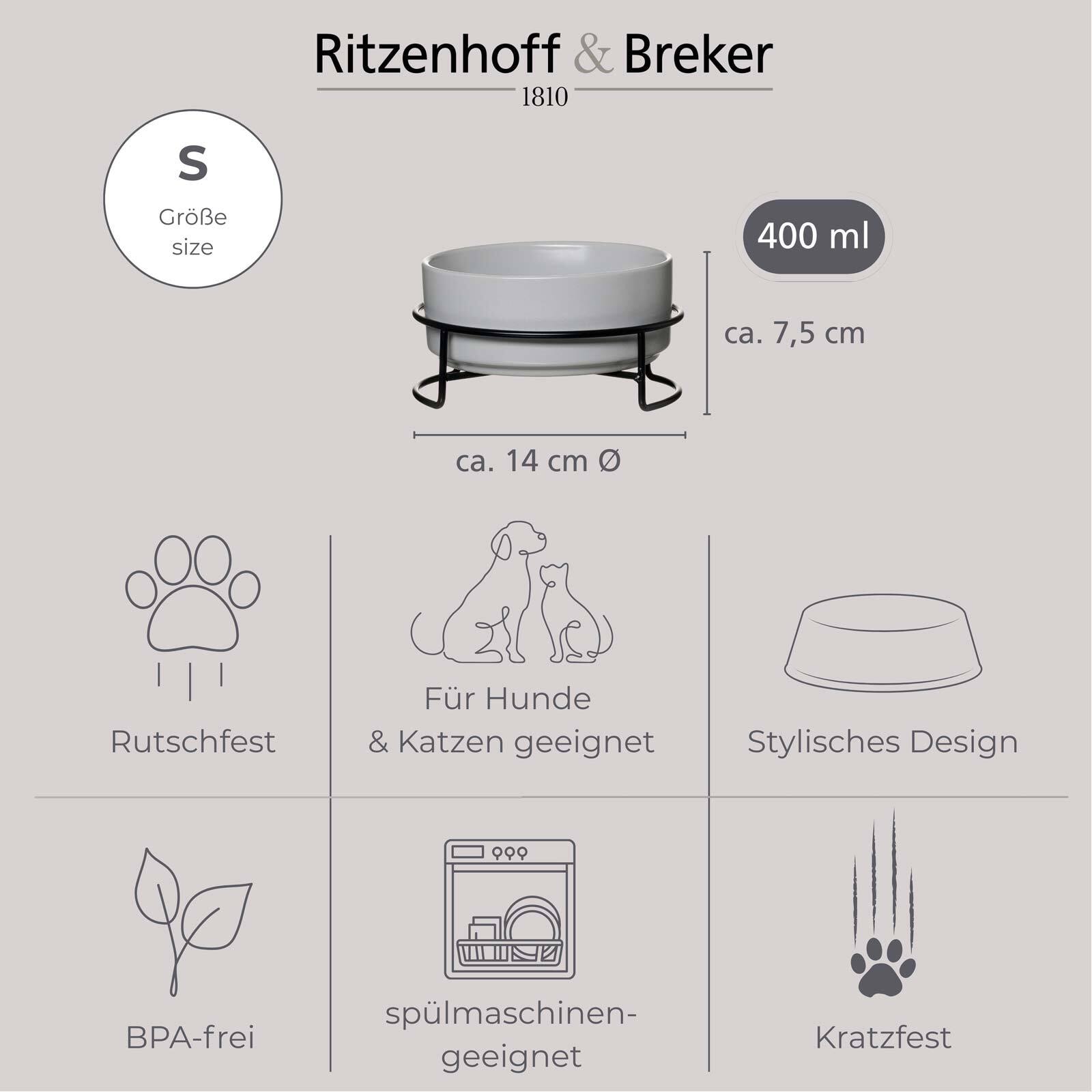 Ritzenhoff & Breker Futternapf »Hundenäpfe mit Unterlage Taro ø 14 cm 2er Set grau« Spülmaschinengeeignet