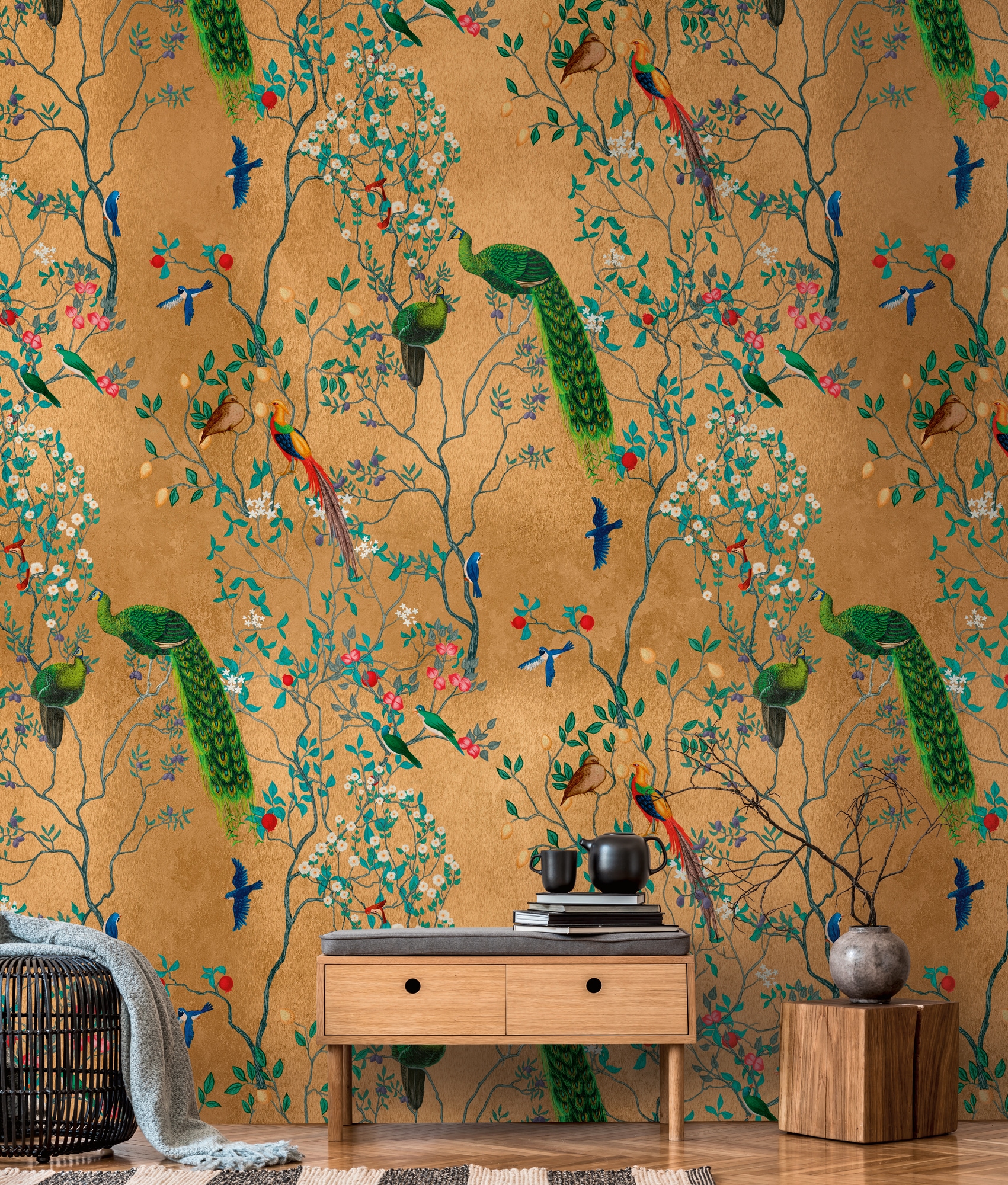 living walls Fototapete "THE WALL III Vogel-Tapete Motivtapete Floral Vögel" matt glatt Vliestapete Pfau für Schlafzimmer Küche Wohnzimmer Vogel Design modern
