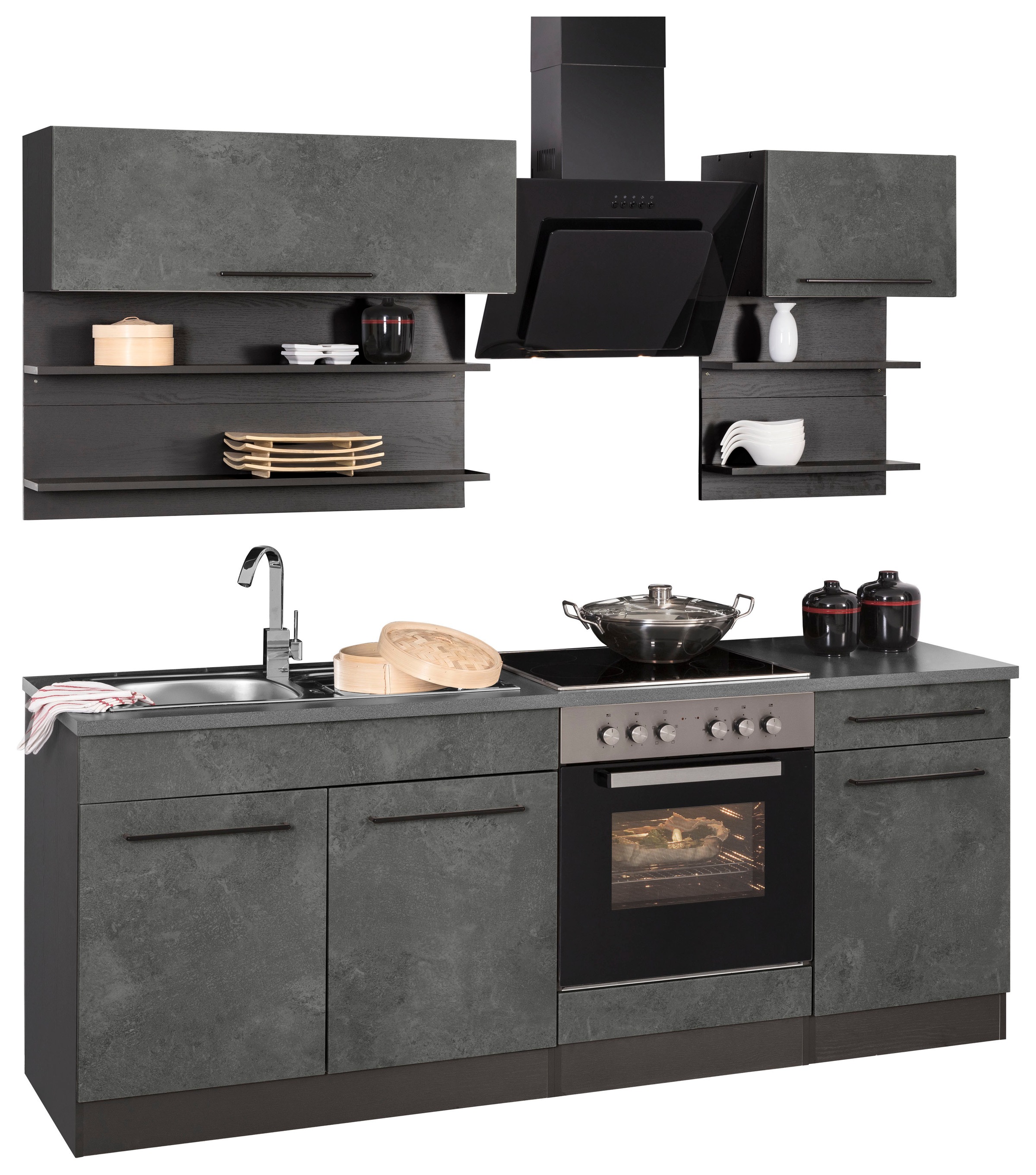KOCHSTATION Küchenzeile »KS-Tulsa«, Breite 210 cm, schwarze Metallgriffe, hochwertige MDF Fronten
