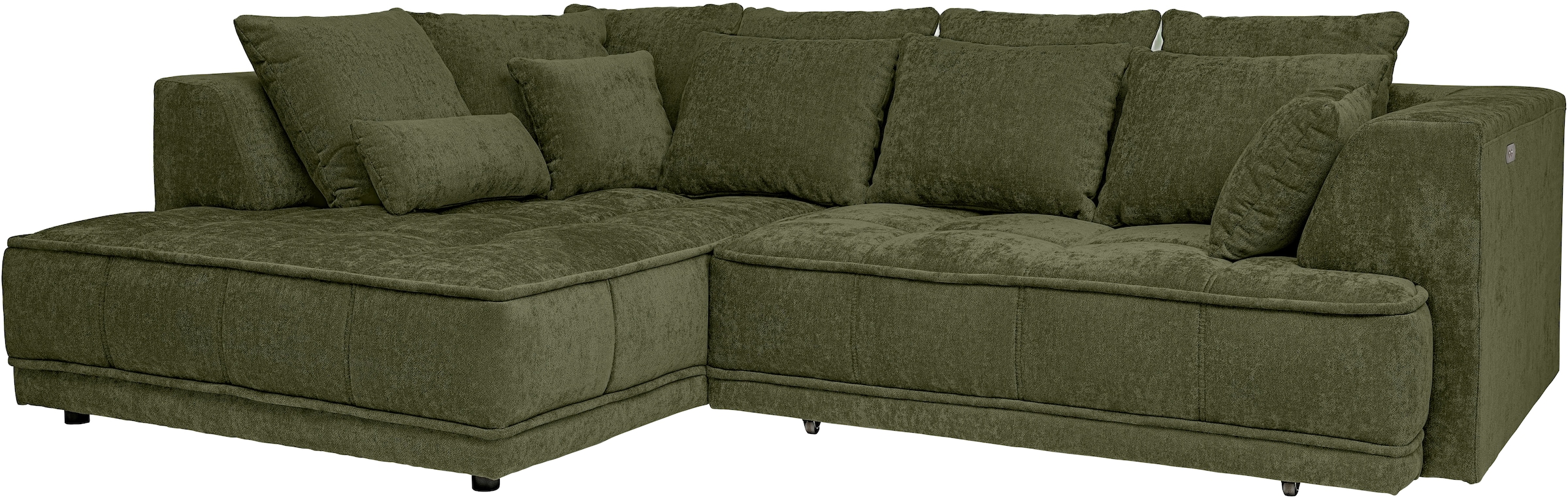 WERK2 Ecksofa »Tiga, Komfortsofa mit elekt. Auszugsfunktion, bequem, L-Form« Pure Wohlfühlgarantie: Ausziehbare Sitztiefe, XXL-Ottomane & Kissen.