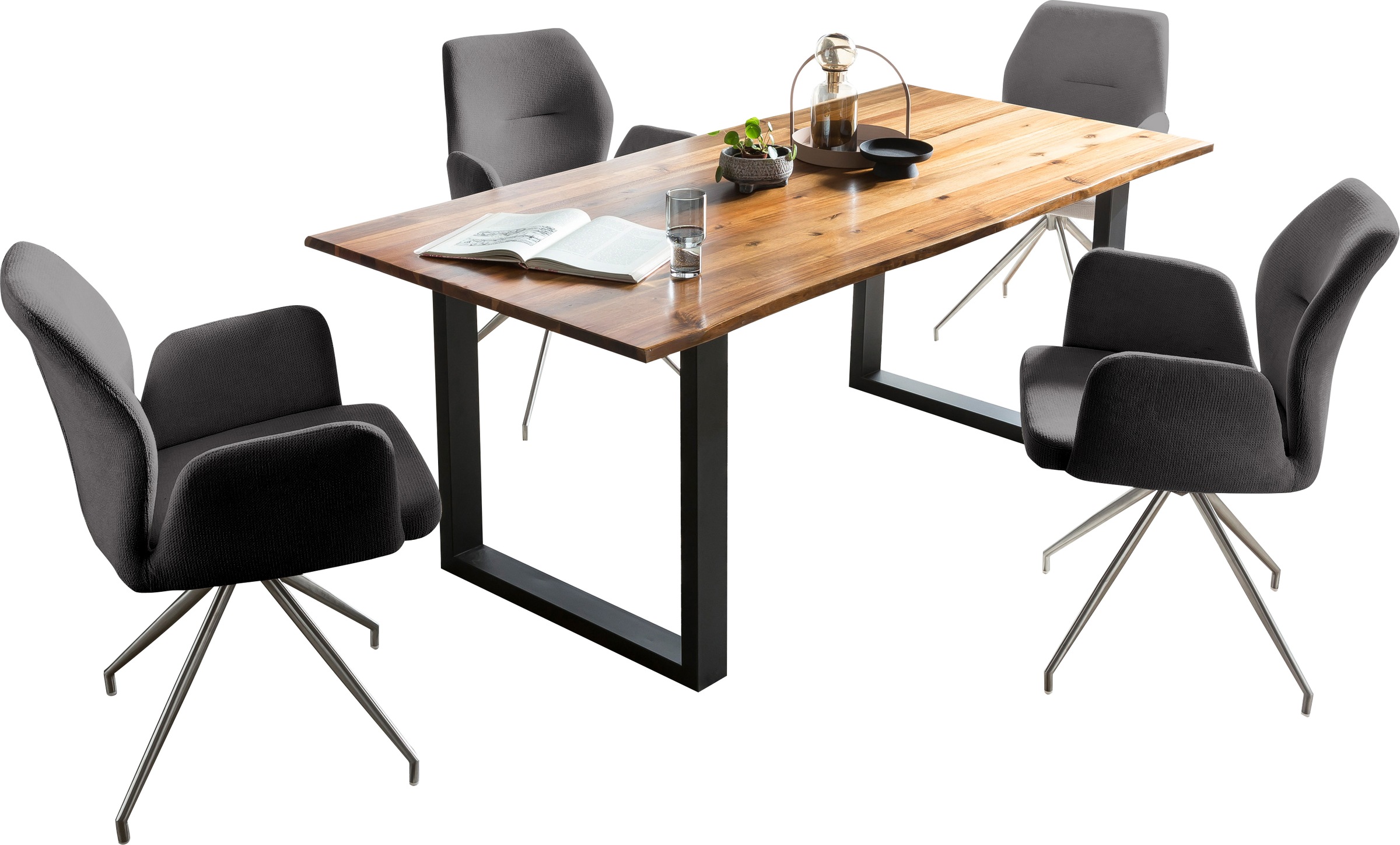 SalesFever Essgruppe, (Set, 5 tlg.), Tischplatte mit echter Baumkante, Gestell aus rostfreiem Edelstahl