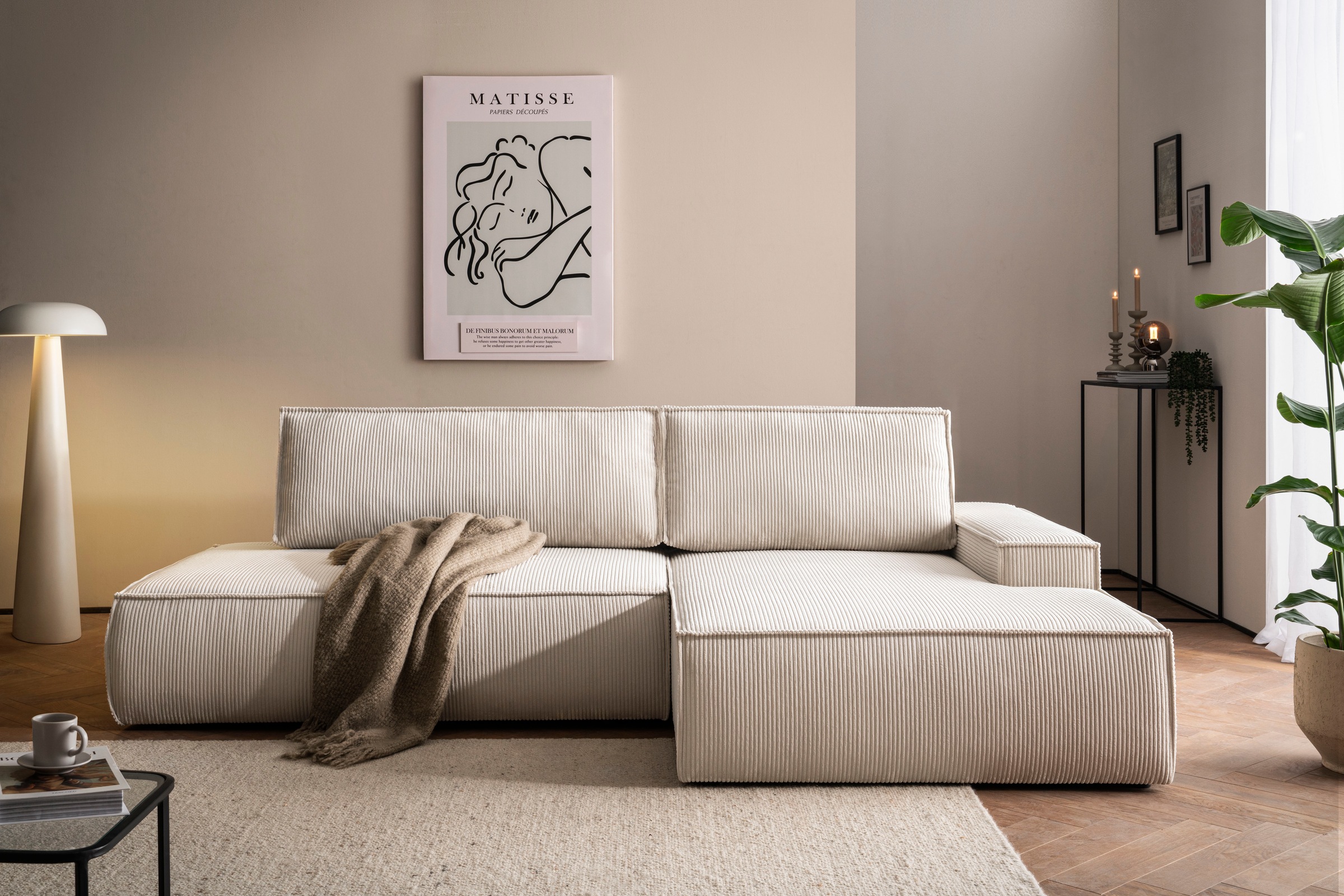 Kampinė sofa »SHERWOOD Sofa su miegojimo mechanizmu in L-Form offen (275cm) audinys Leinenoptik« miegojimo funkcija ir Dėžutė patalynei Kedernaht hoher Sėdėjimo & Liegekomfort