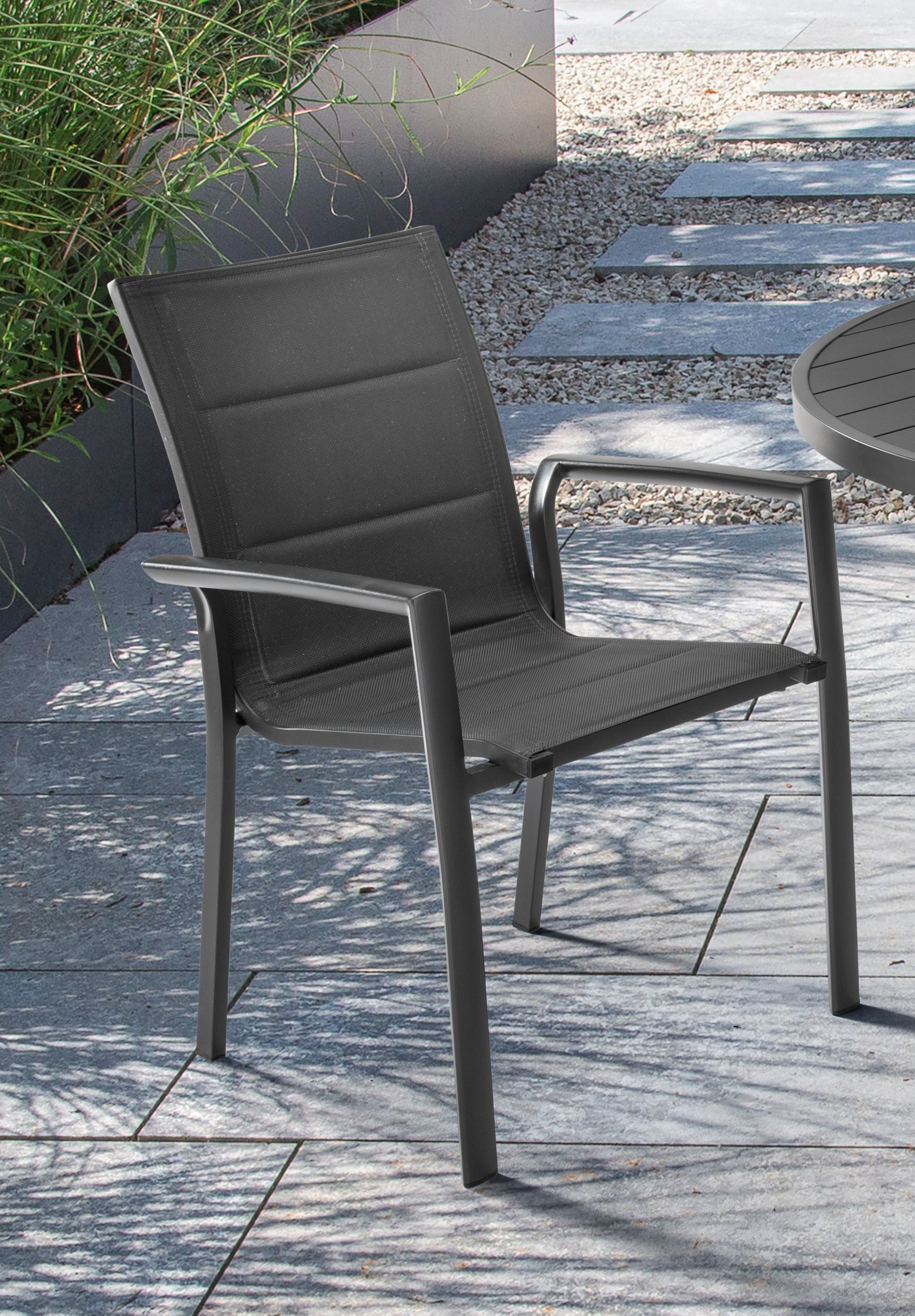 Destiny Garten-Essgruppe »COSTA  ARONA« Set, 1 Ausziehtisch, 4 Stapelsessel, 5 Stk. tlg. (Set, 9-tlg., 4 Sessel, 1 Tisch ausziehbar Ø 120/170x75cm) Aluminium