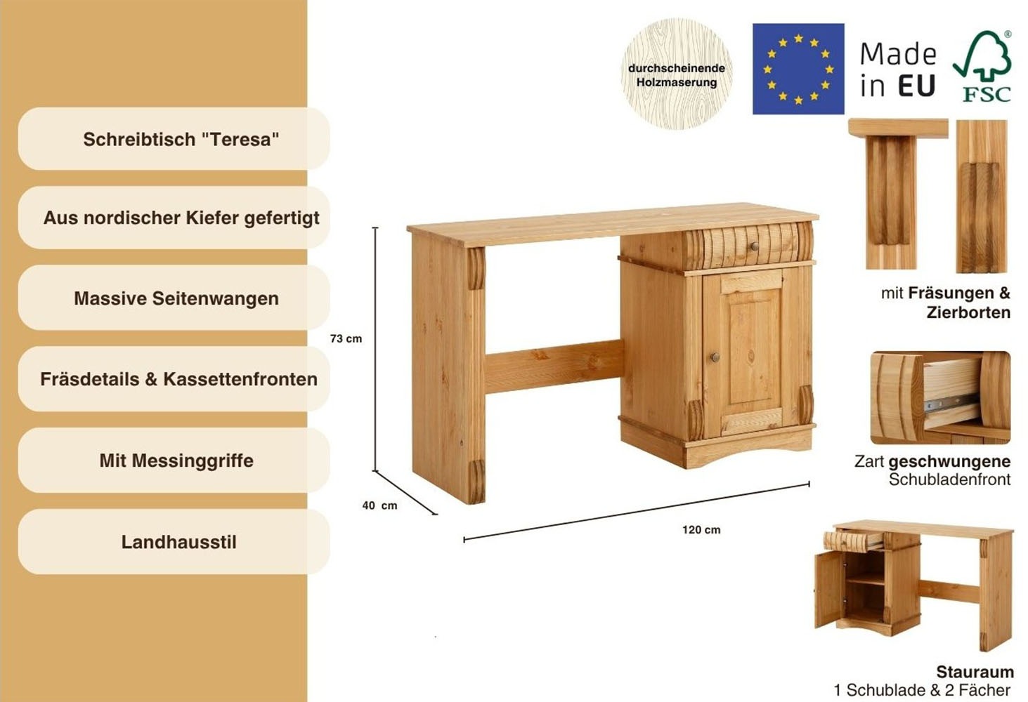 Thumbnail - Home affaire Schreibtisch "Teresa" Maße (B/T/H): 120/37/73 cm, Computertisch mit Schublade, Massivholz, Breite 120 cm